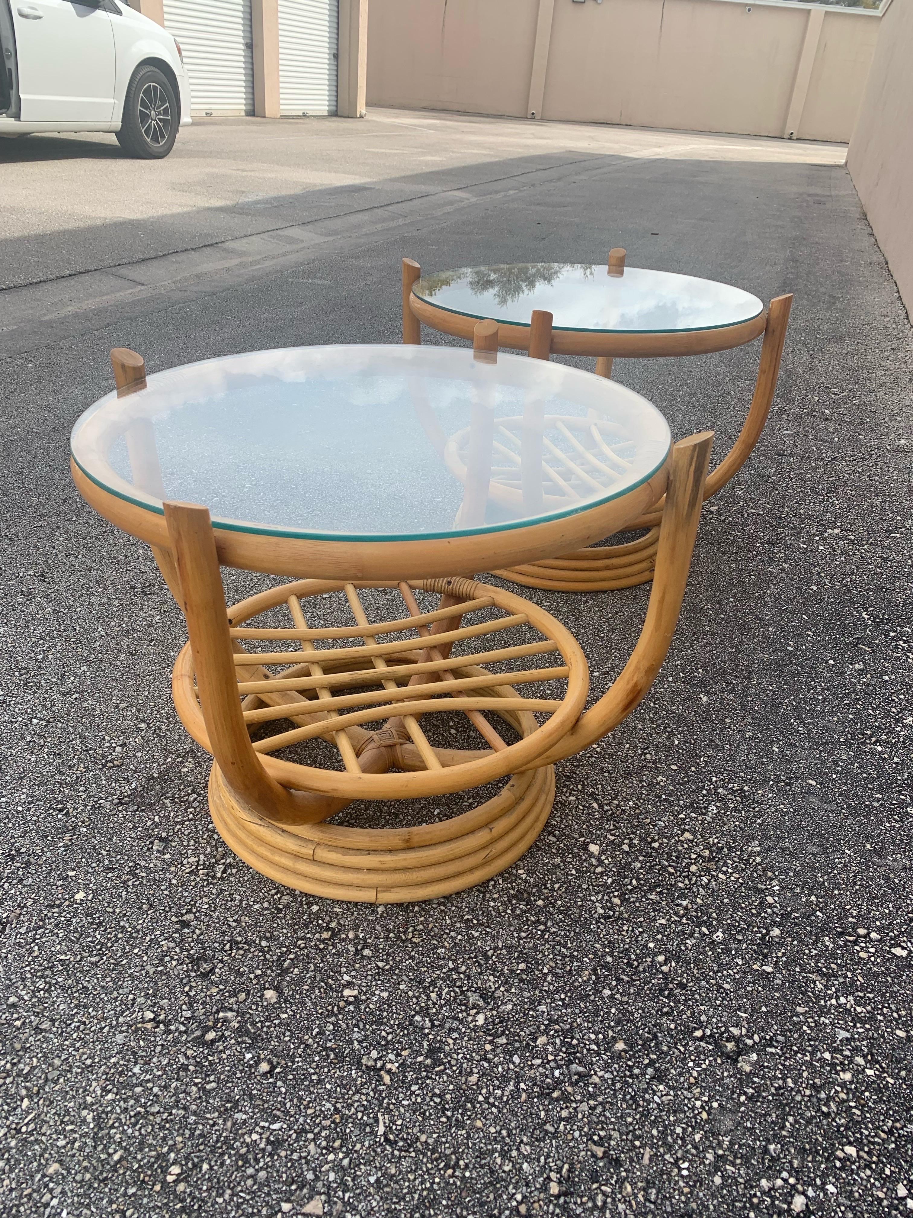 20th Century Pair of Bamboo and Glass Italian Style End Tables