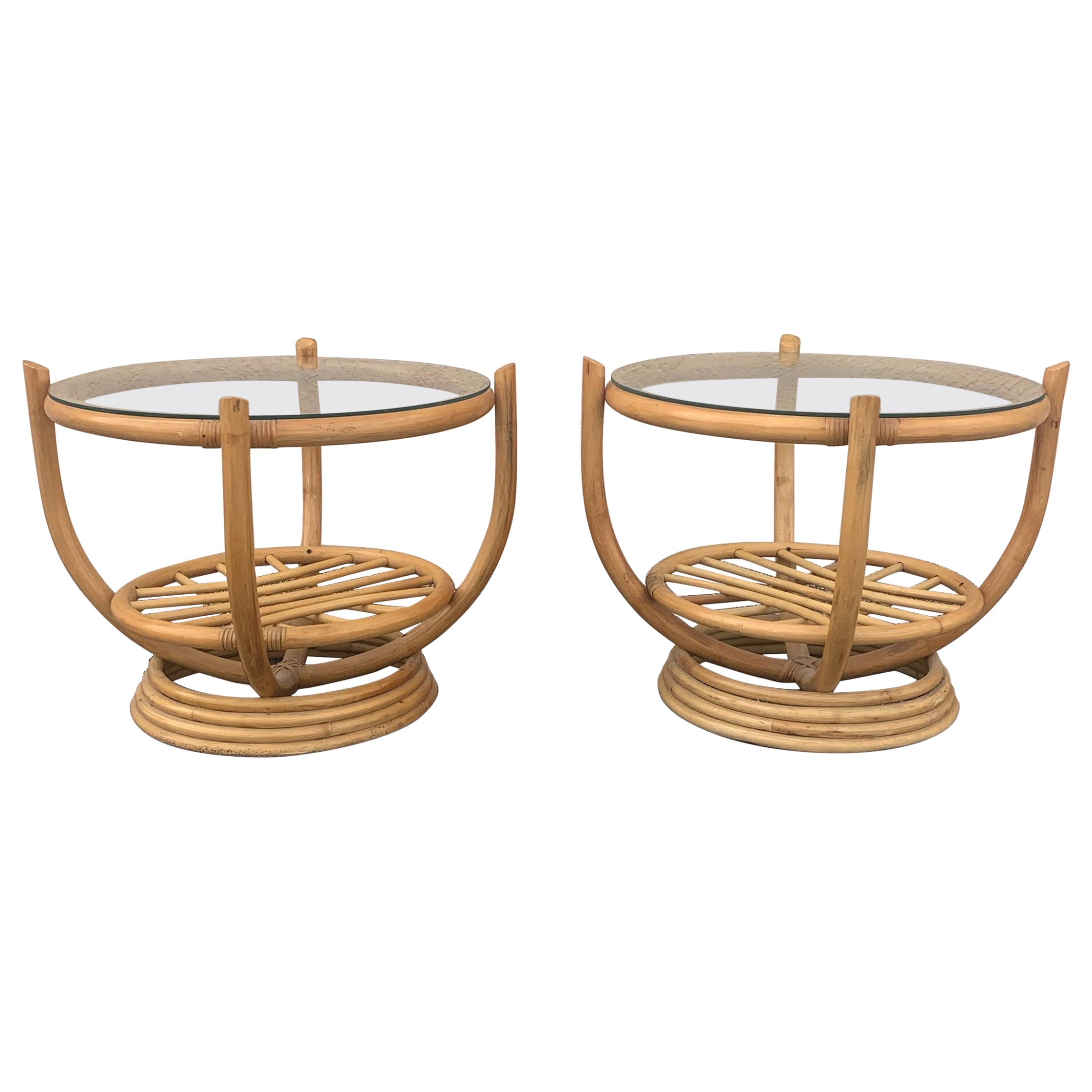 Pair of Bamboo and Glass Italian Style End Tables