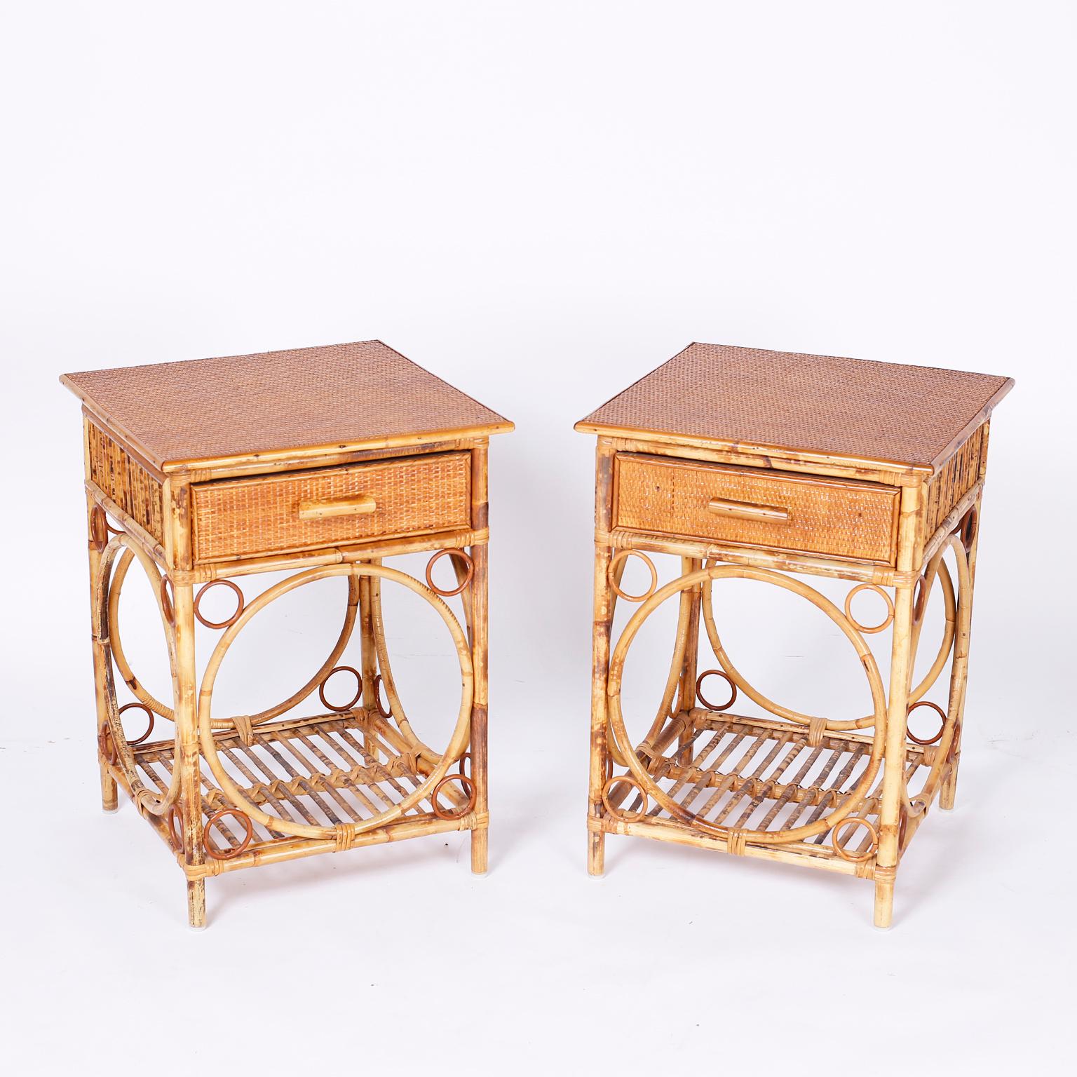 British Colonial Pair of Bamboo and Grasscloth Tables or Stands
