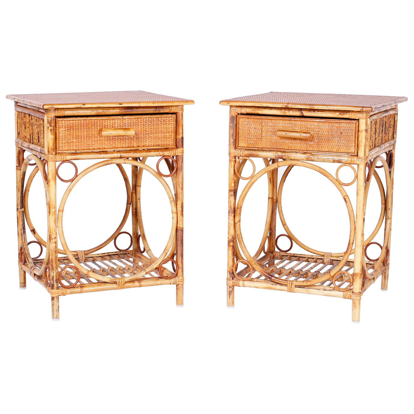 Pair of Bamboo and Grasscloth Tables or Stands