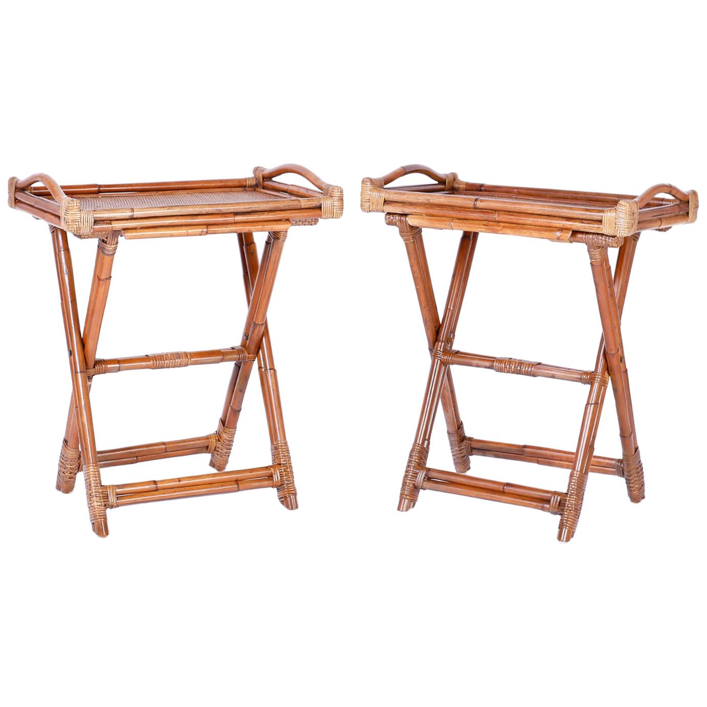 Pair of Bamboo and Grasscloth Trays on Stands