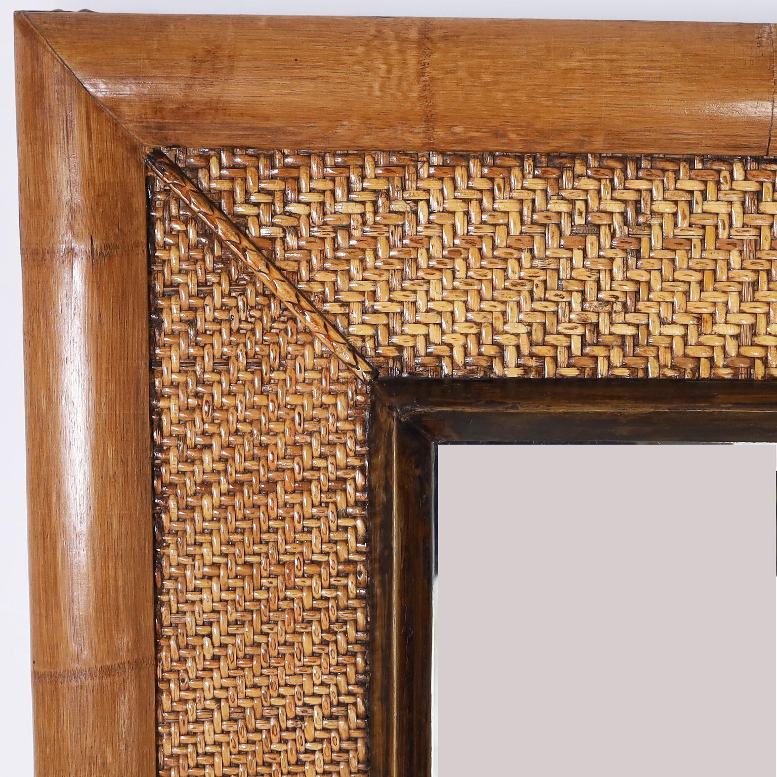 British Colonial Pair of Bamboo and Grasscloth Wall Mirrors