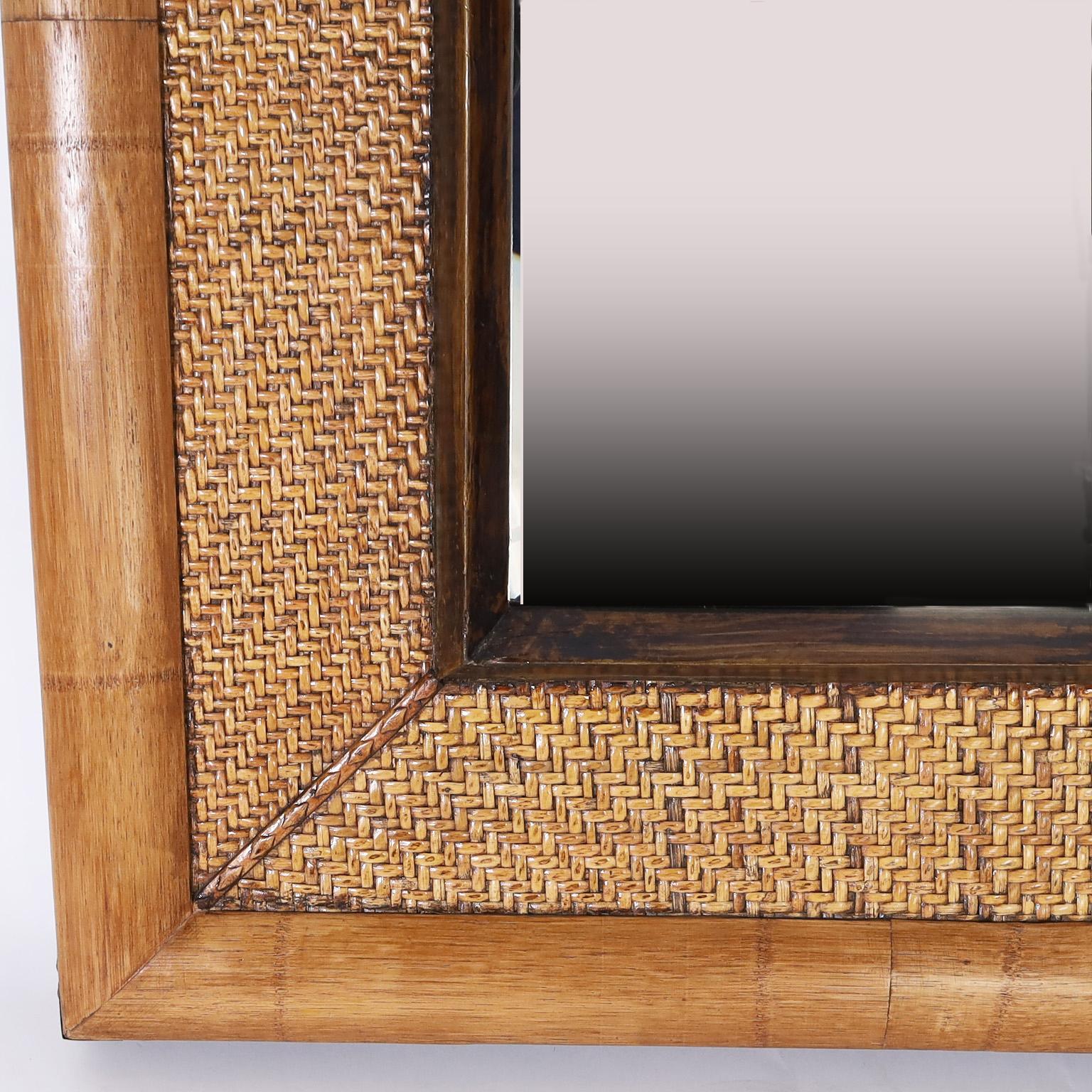 Pair of Bamboo and Grasscloth Wall Mirrors In Good Condition In Palm Beach, FL