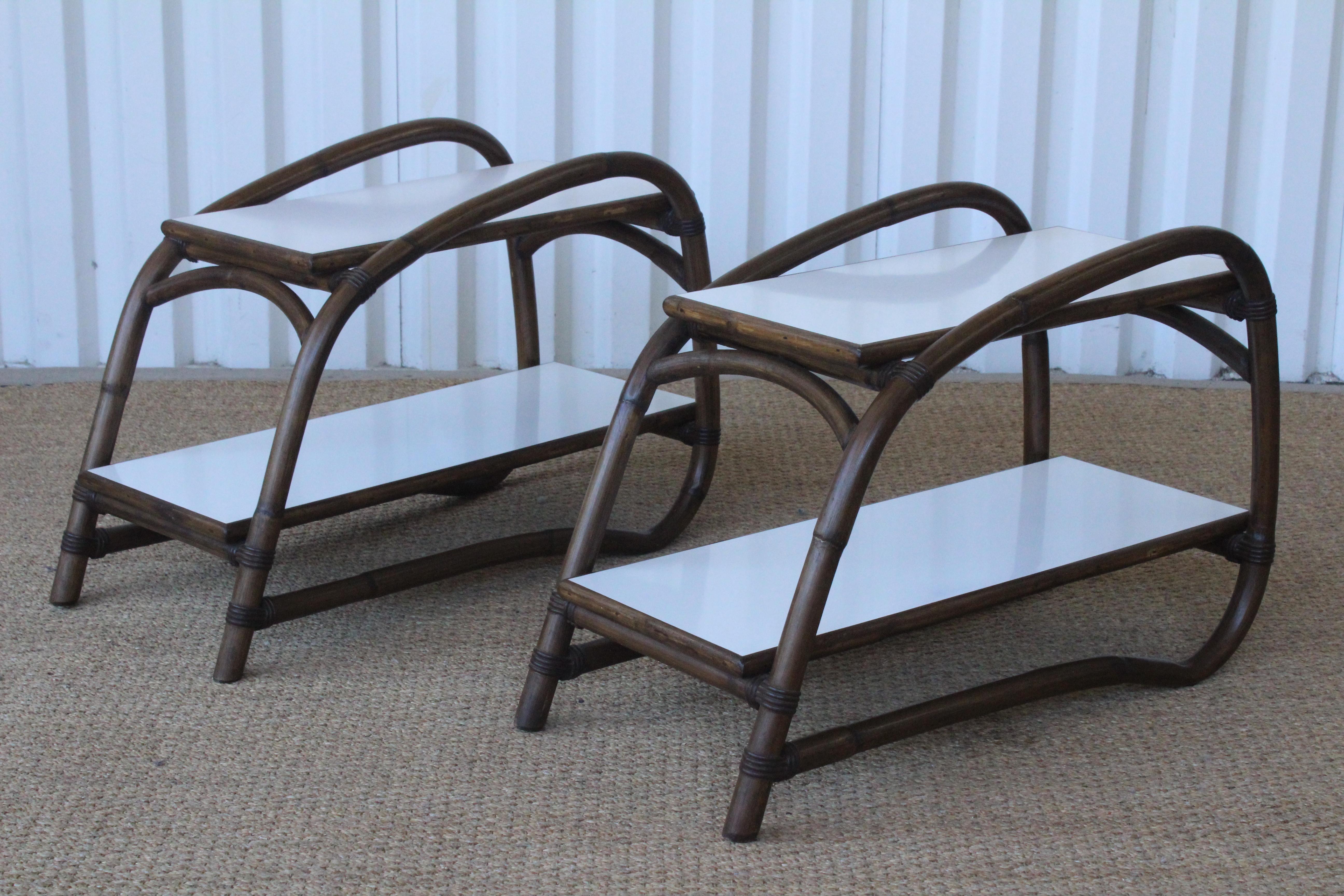 Pair of vintage mid-century bamboo end tables with laminate tops, 1950s. In overall excellent condition.