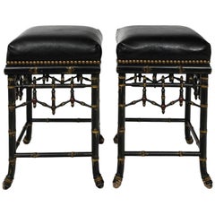 Pair of Bamboo and Leather Bar Stools