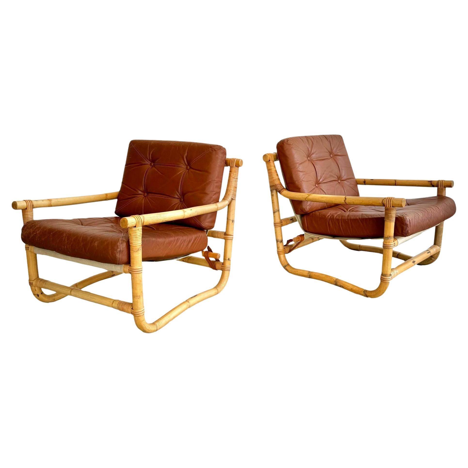 Pair of Bamboo and Leather Chairs, 1970s Denmark