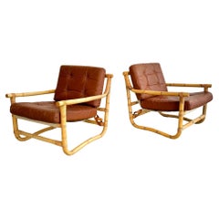 Used Pair of Bamboo and Leather Chairs, 1970s Denmark