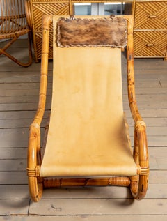 Pair of Bamboo and Leather Sling Chairs with Hide and Bamboo Head Pillow