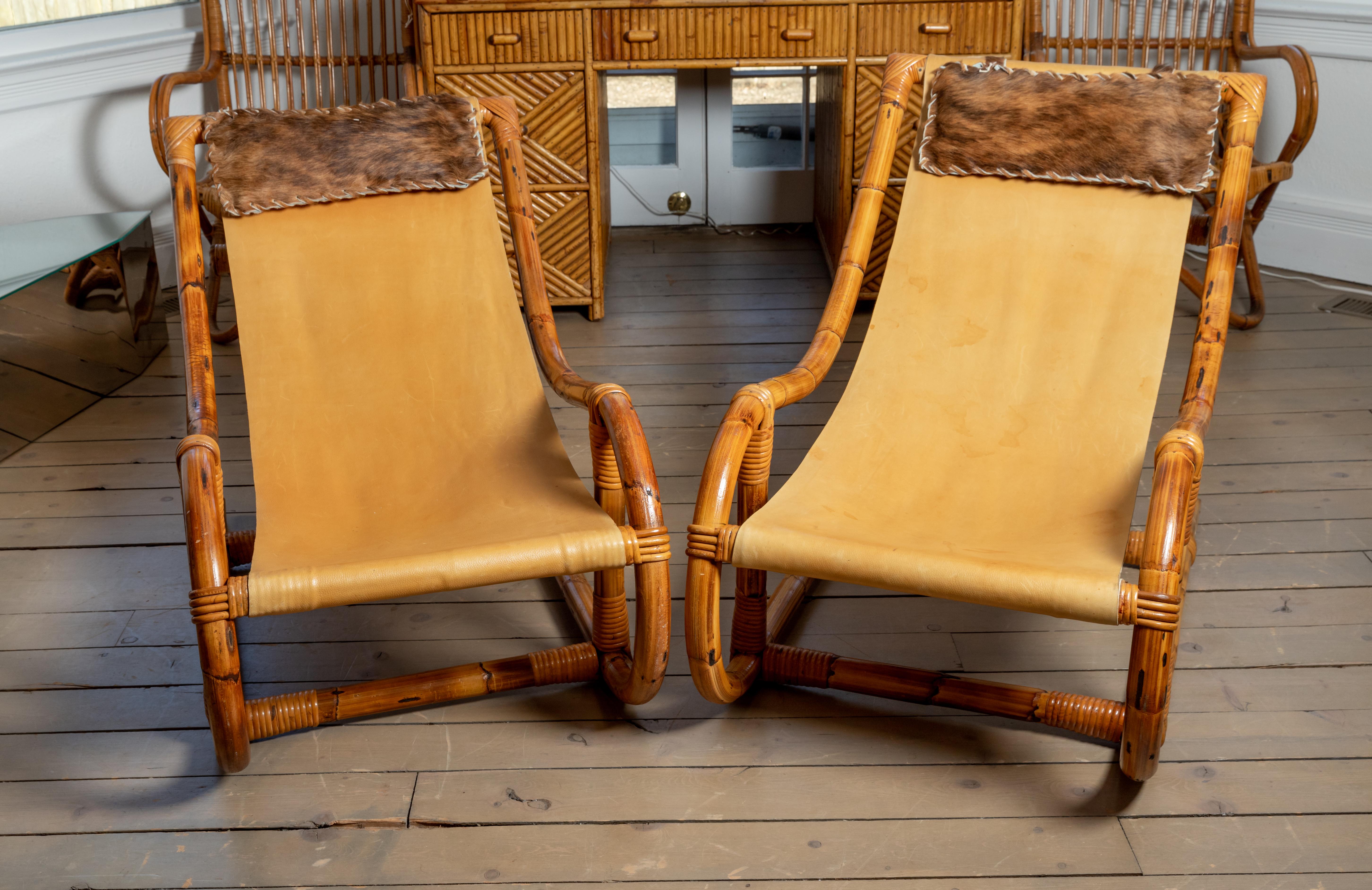 20th Century Pair of Bamboo and Leather Sling Chairs with Hide and Bamboo Head Pillow