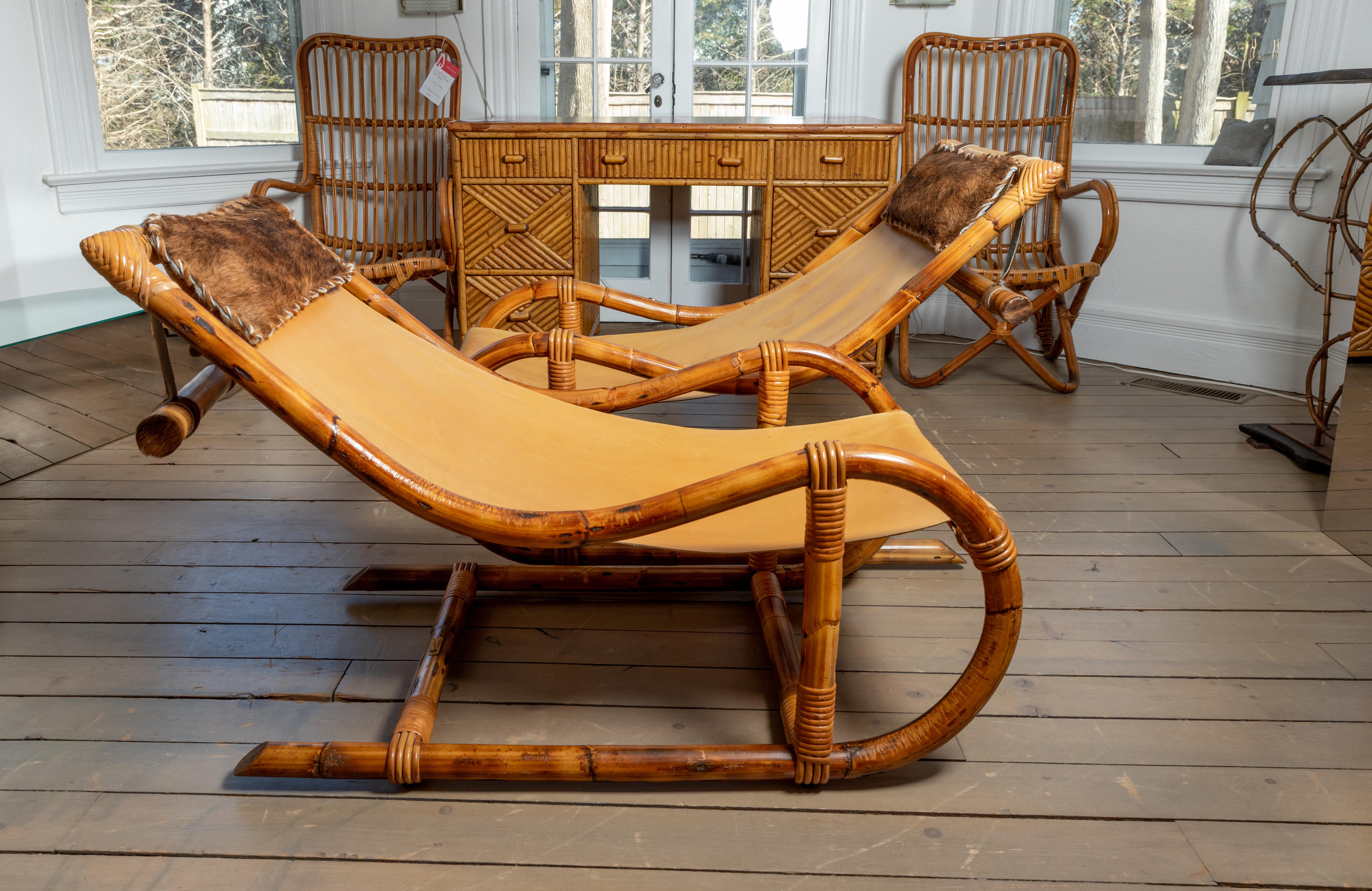 Pair of Bamboo and Leather Sling Chairs with Hide and Bamboo Head Pillow 1