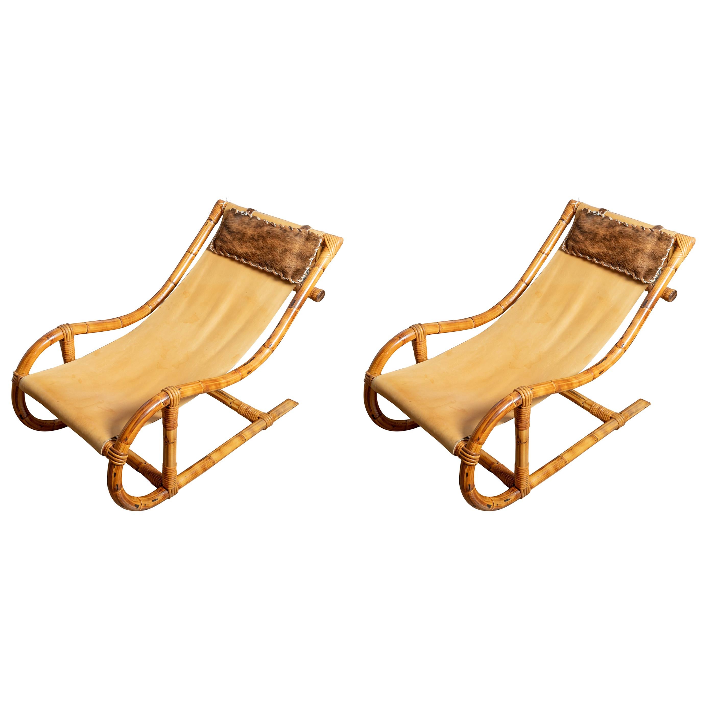 Pair of Bamboo and Leather Sling Chairs with Hide and Bamboo Head Pillow