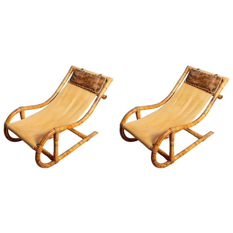 Pair Of Bamboo And Leather Sling Chairs With Hide And Bamboo Head Pillow For Sale At 1stdibs