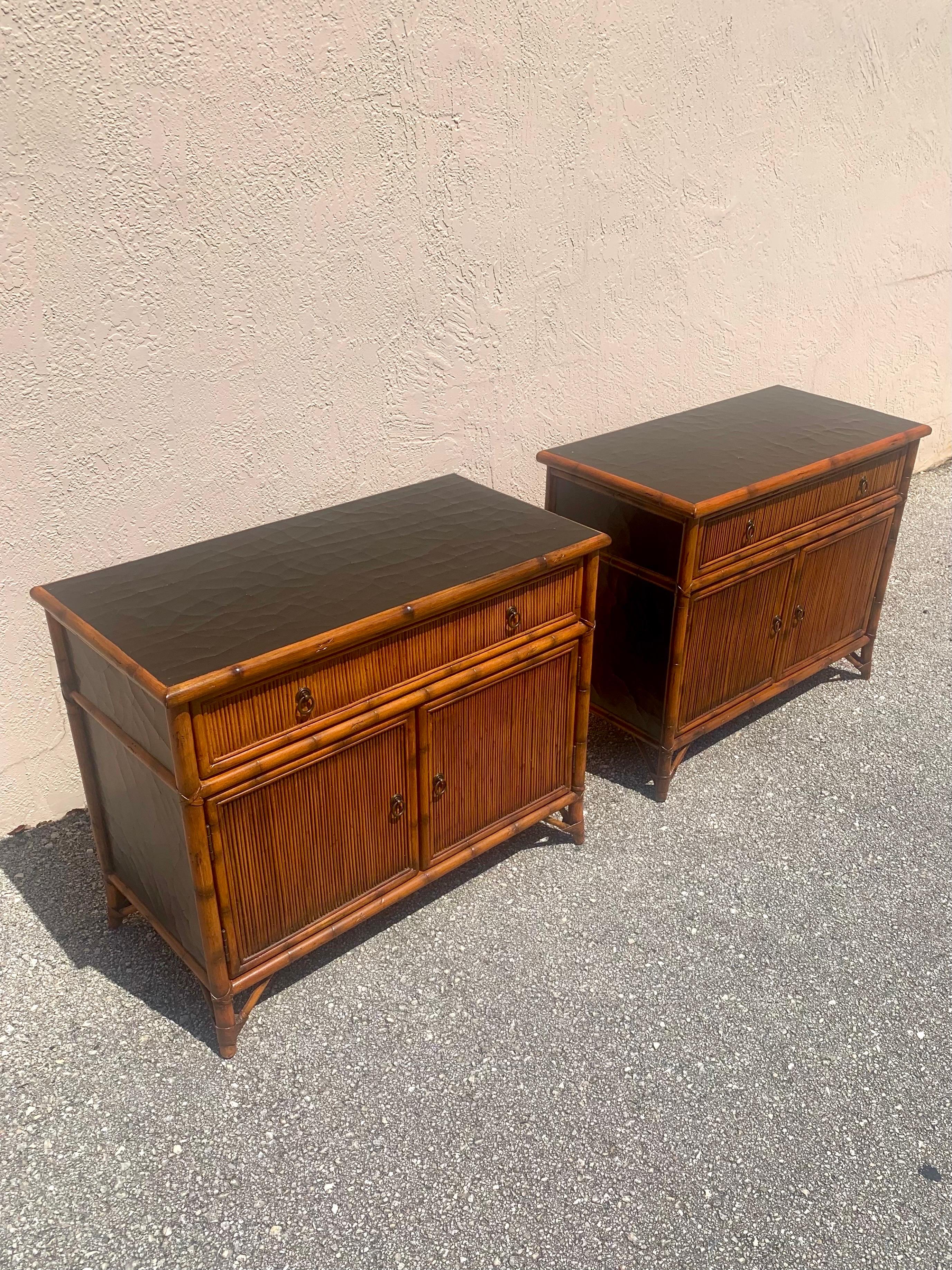 Hollywood Regency Pair of Bamboo and Pencil Reed Nightstands by Baker
