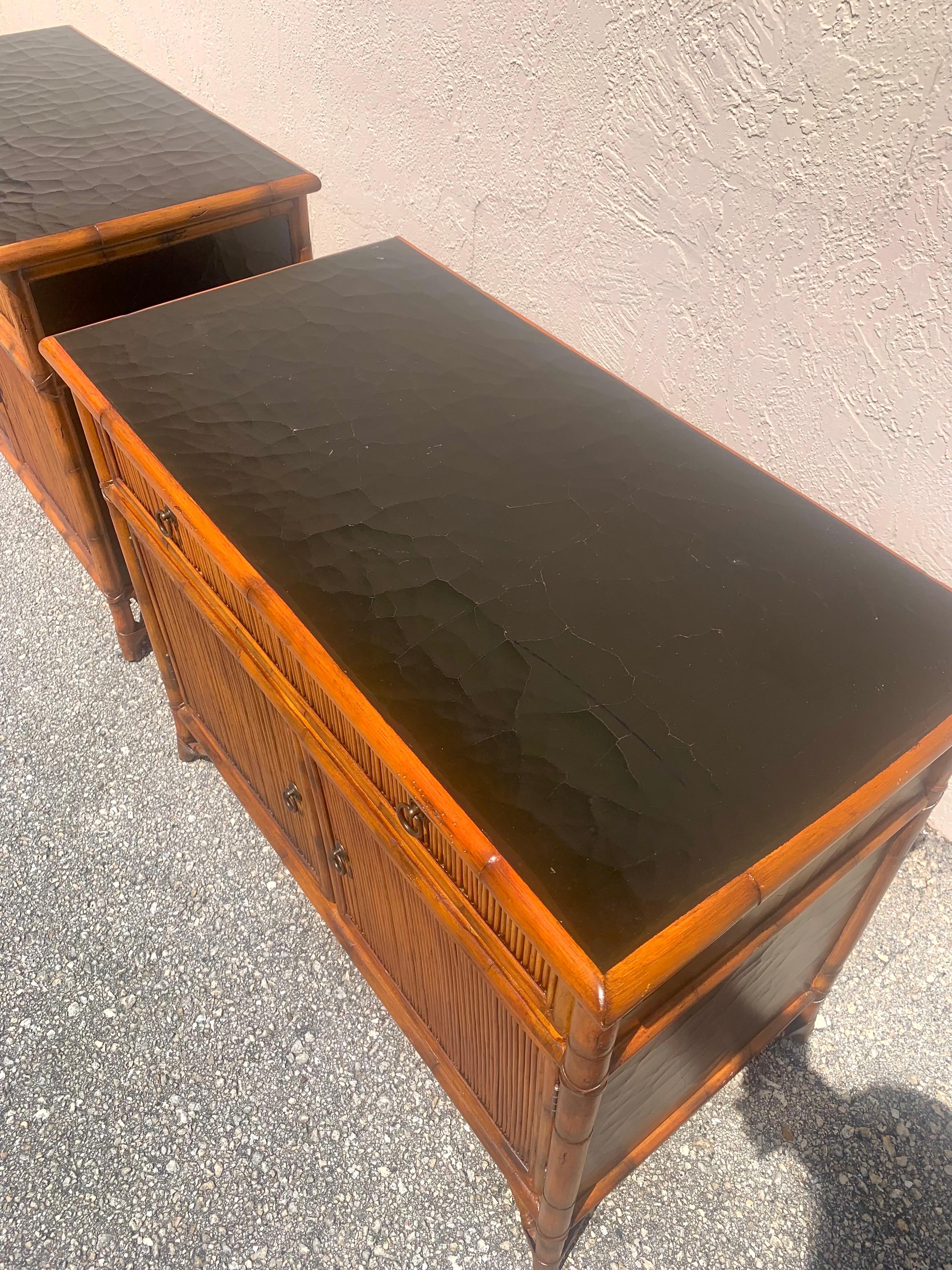 Pair of Bamboo and Pencil Reed Nightstands by Baker In Good Condition In Boynton Beach, FL