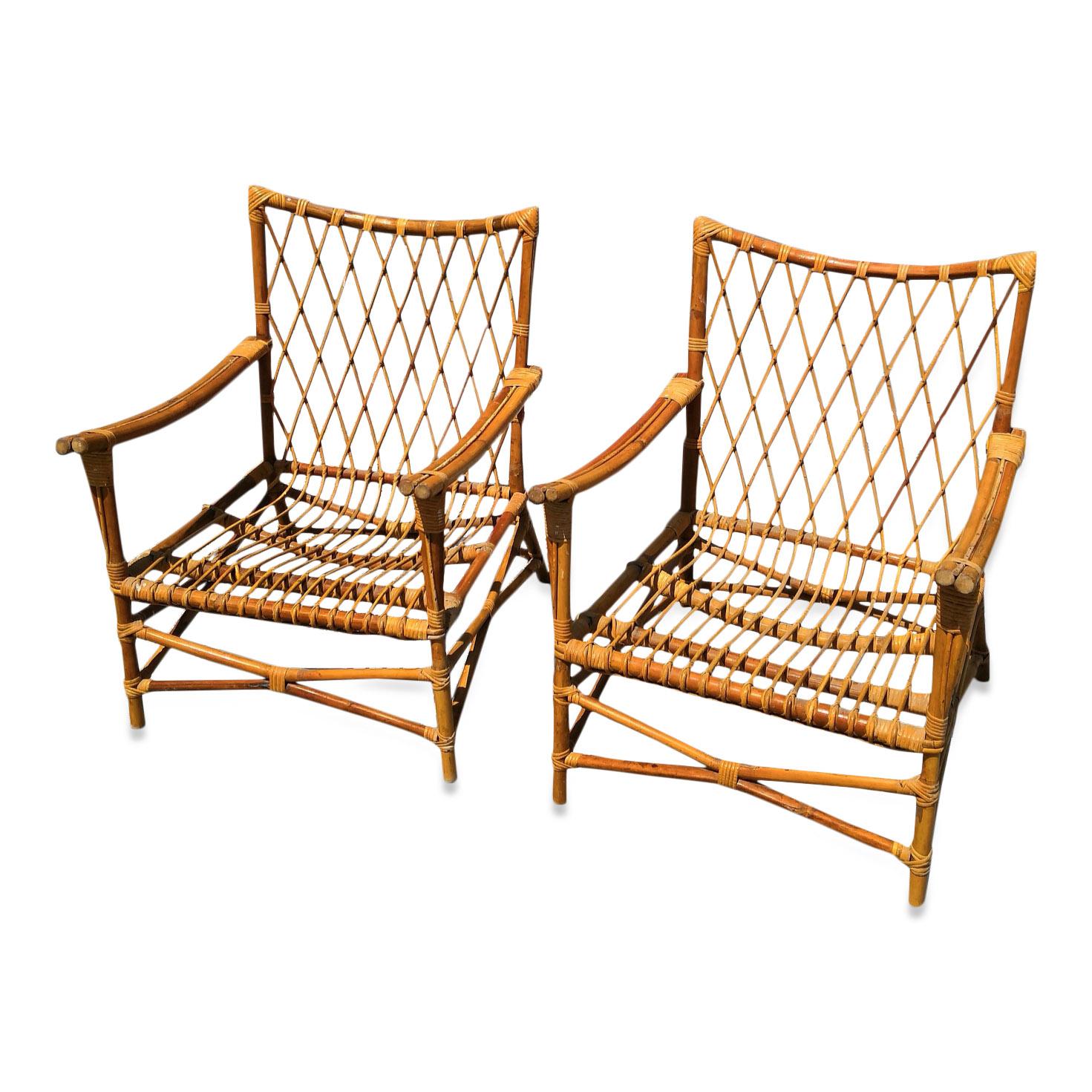 French Pair of Bamboo and Rattan Armchairs, France, 1960s