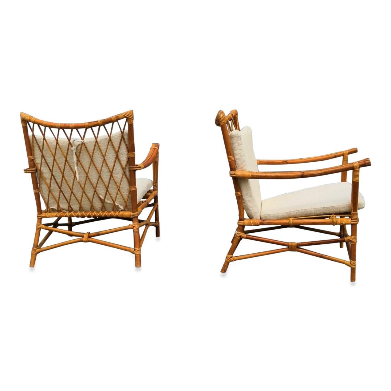 French Pair of Bamboo and Rattan Armchairs, France, 1960s