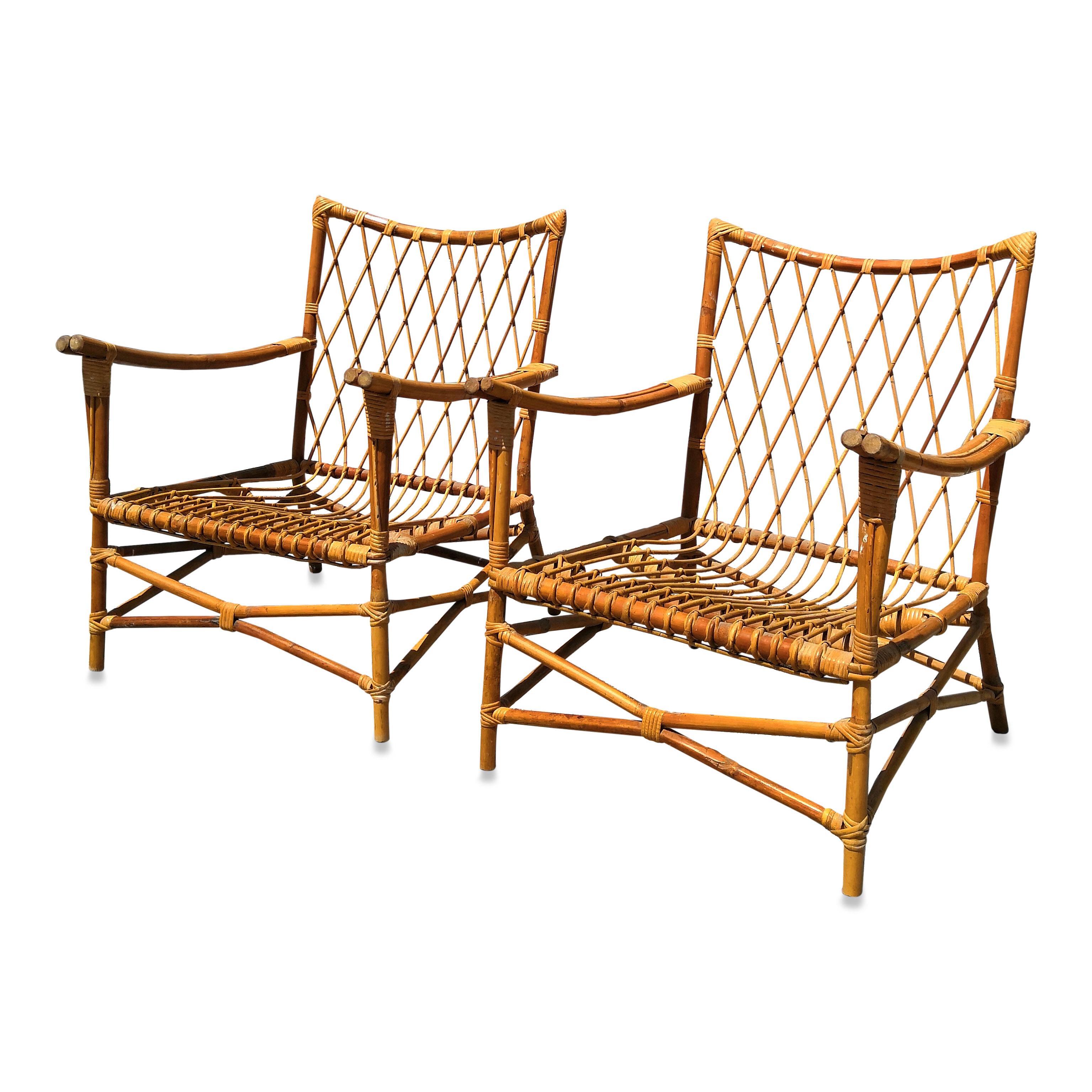 Pair of Bamboo and Rattan Armchairs, France, 1960s (Mitte des 20. Jahrhunderts)
