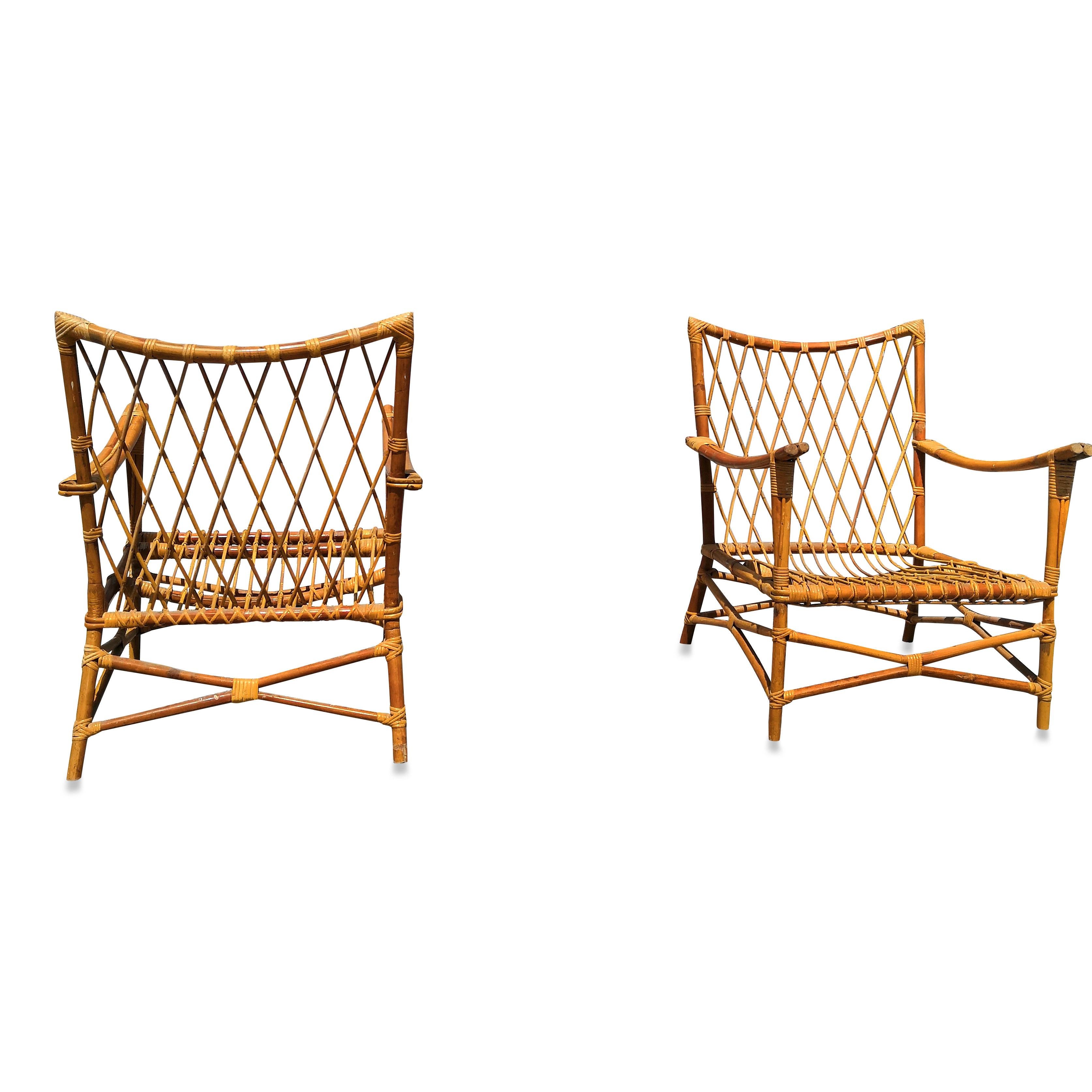 Wool Pair of Bamboo and Rattan Armchairs, France, 1960s
