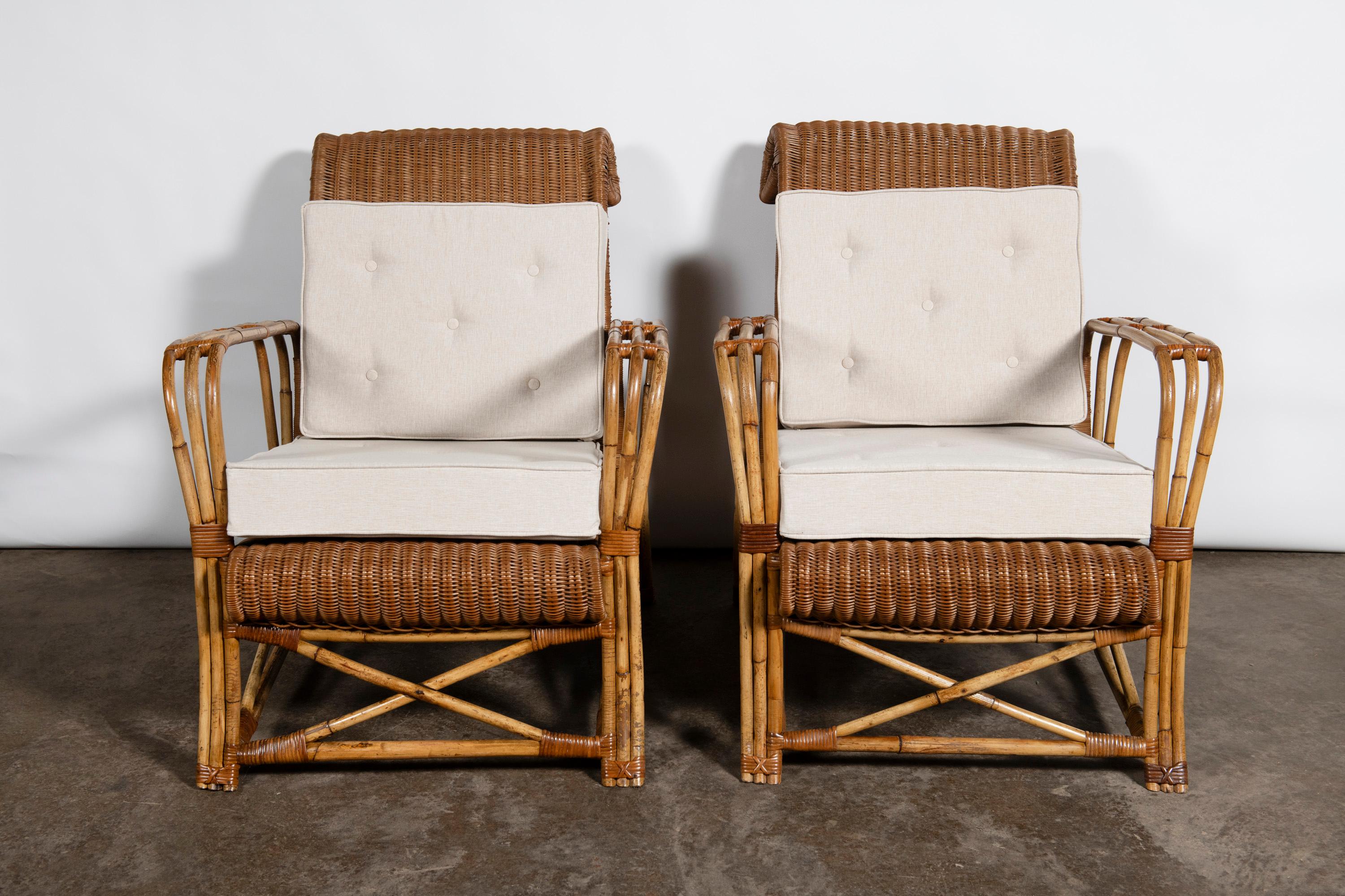 Coppia di poltrone in bambù e rattan con cuscini in tessuto, Inghilterra, circa 1920.
Dalla villa Devoto di Marli, in Argentina.