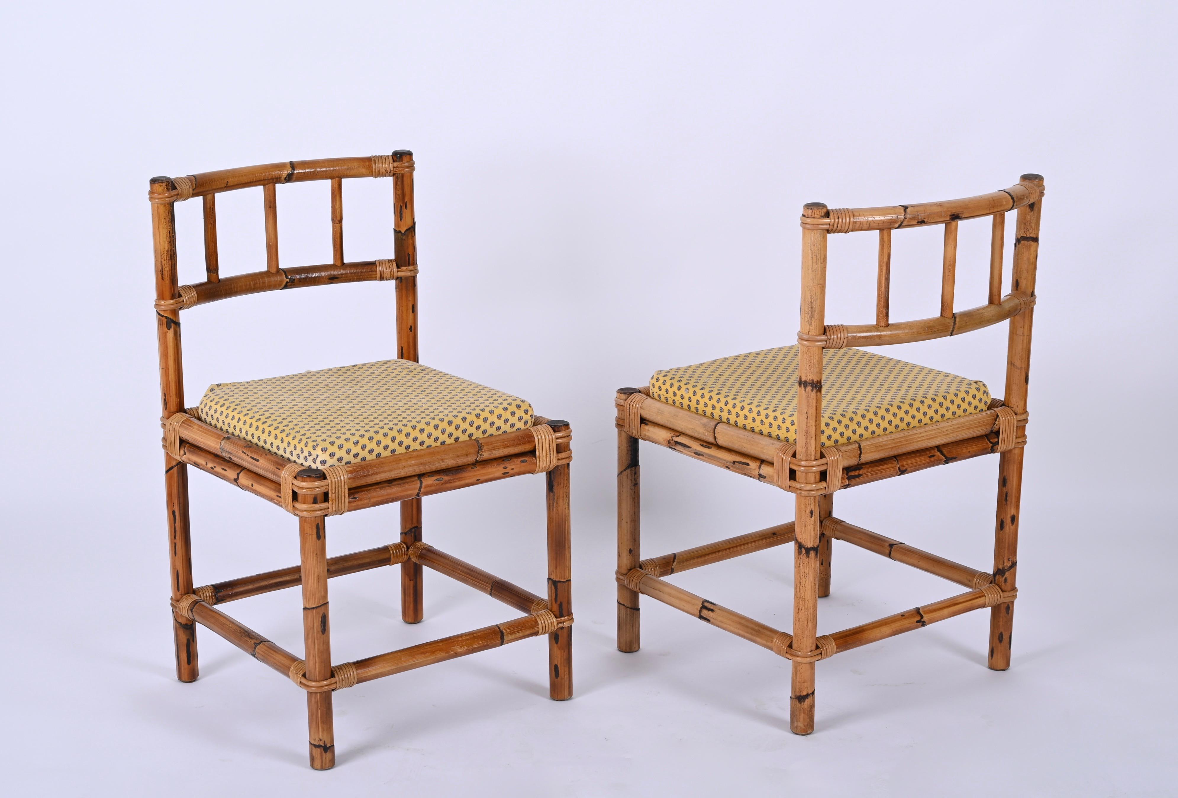 Fantastic pair of bamboo chairs, designed in Italy in the 1970s and attributed to Vivai del Sud.

These beautiful chairs are a wonderful example of Italian manufacture from the 70s, characterized by a very solid bamboo structure and splendid