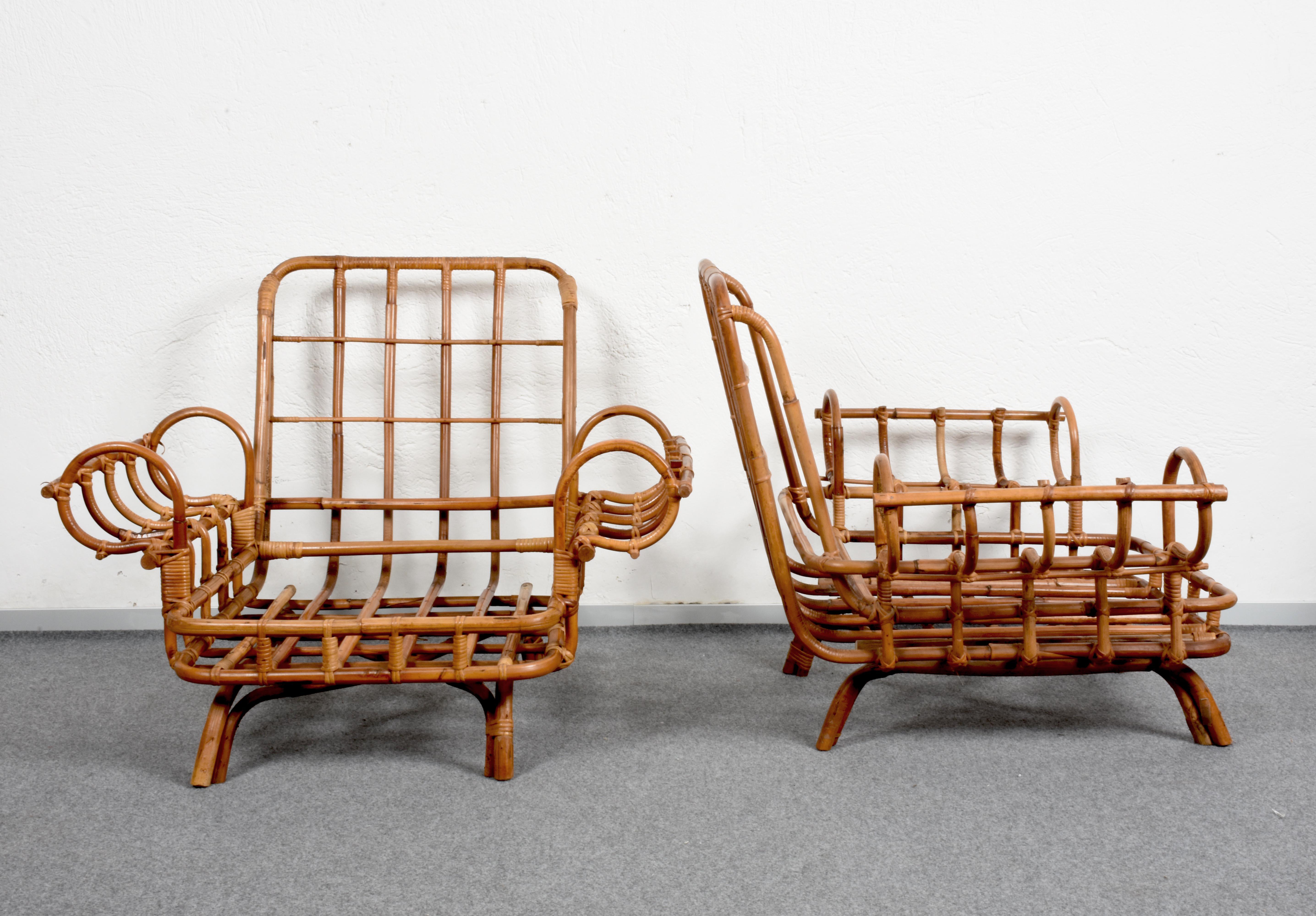 Pair of Giovanni Travasa Bamboo and Rattan Italian Armchairs, 1950s In Good Condition In Roma, IT