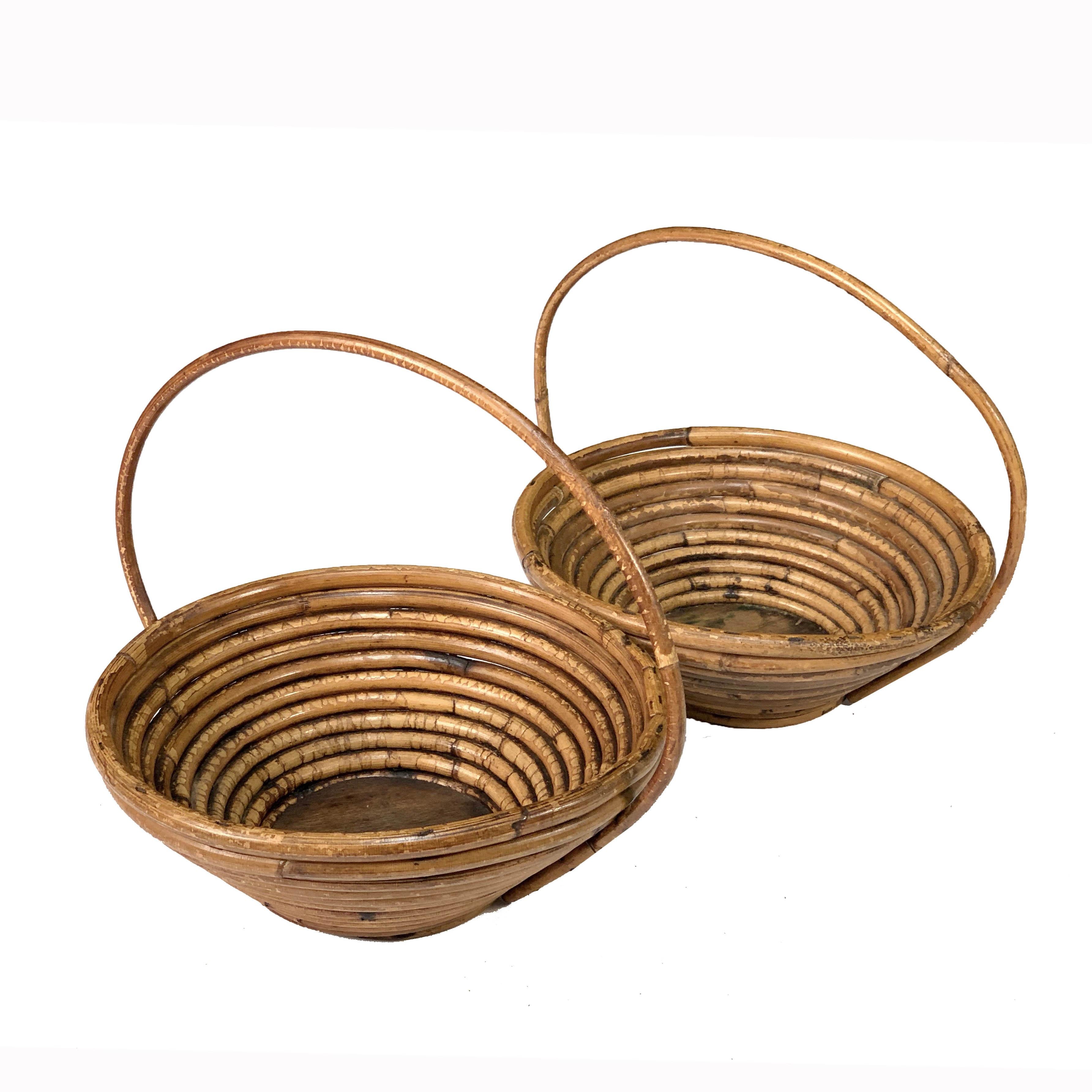 Italian Pair of Bamboo and Rattan Midcentury Bowls, 1970s For Sale
