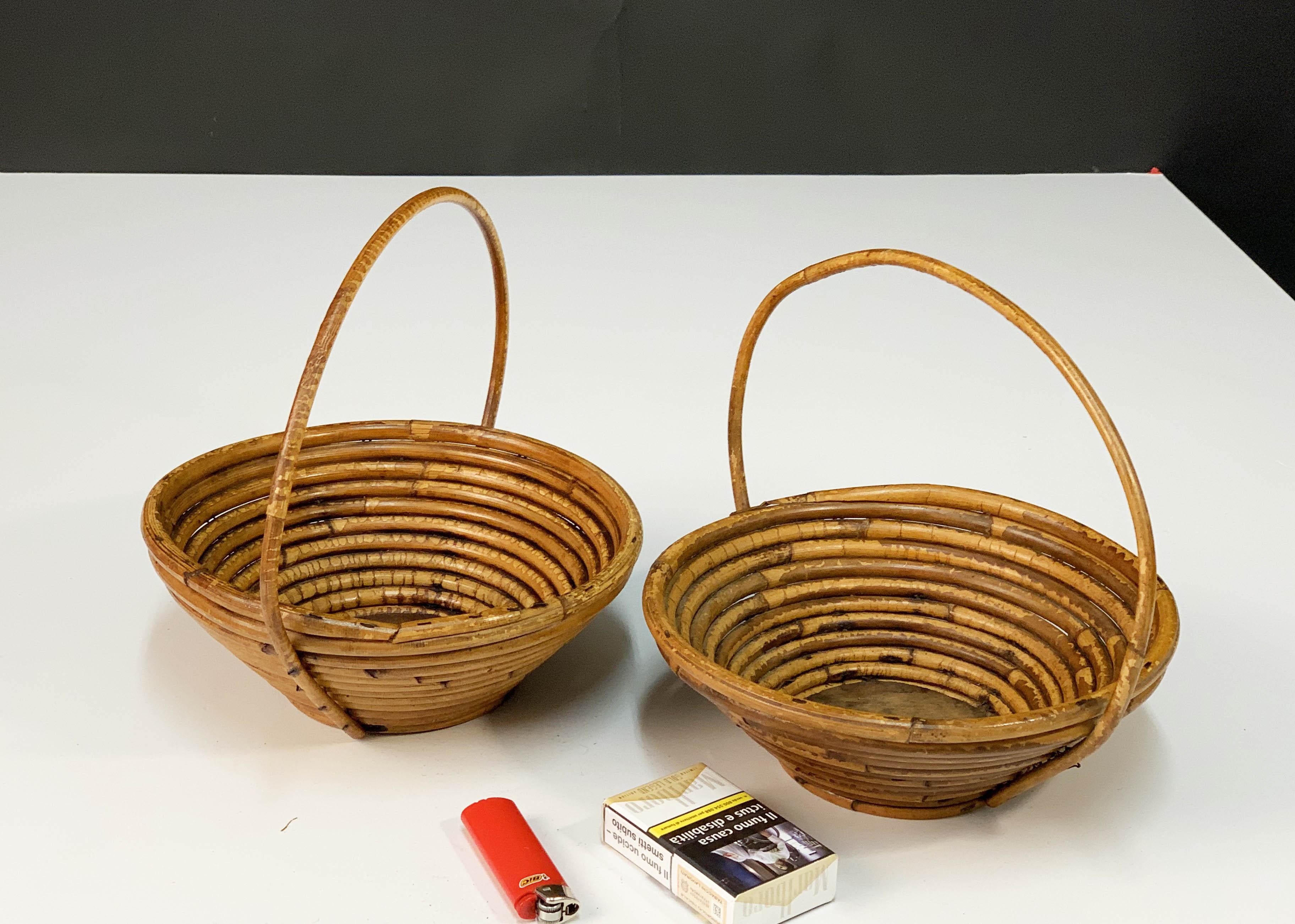 20th Century Pair of Bamboo and Rattan Midcentury Bowls, 1970s For Sale