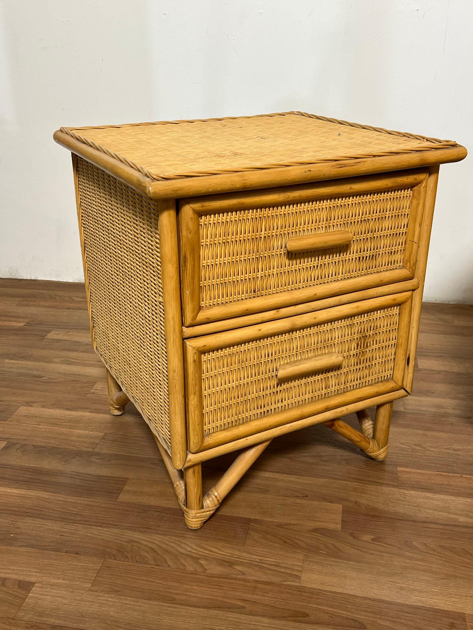 Pair of rattan and bamboo nightstands with cane wrapped accents, circa 1970s.