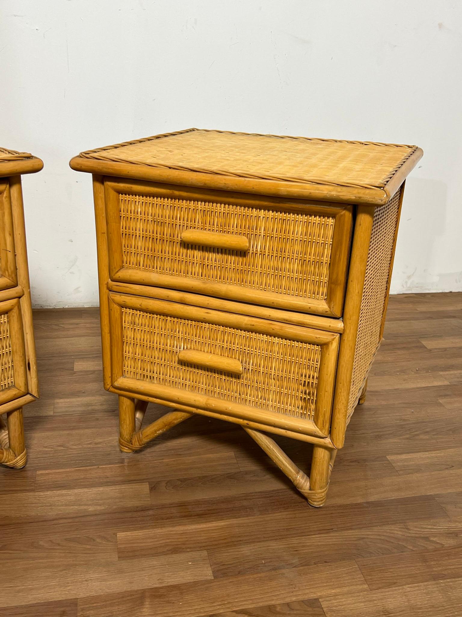 Mid-Century Modern Pair of Bamboo and Rattan Night Stands Circa 1970s