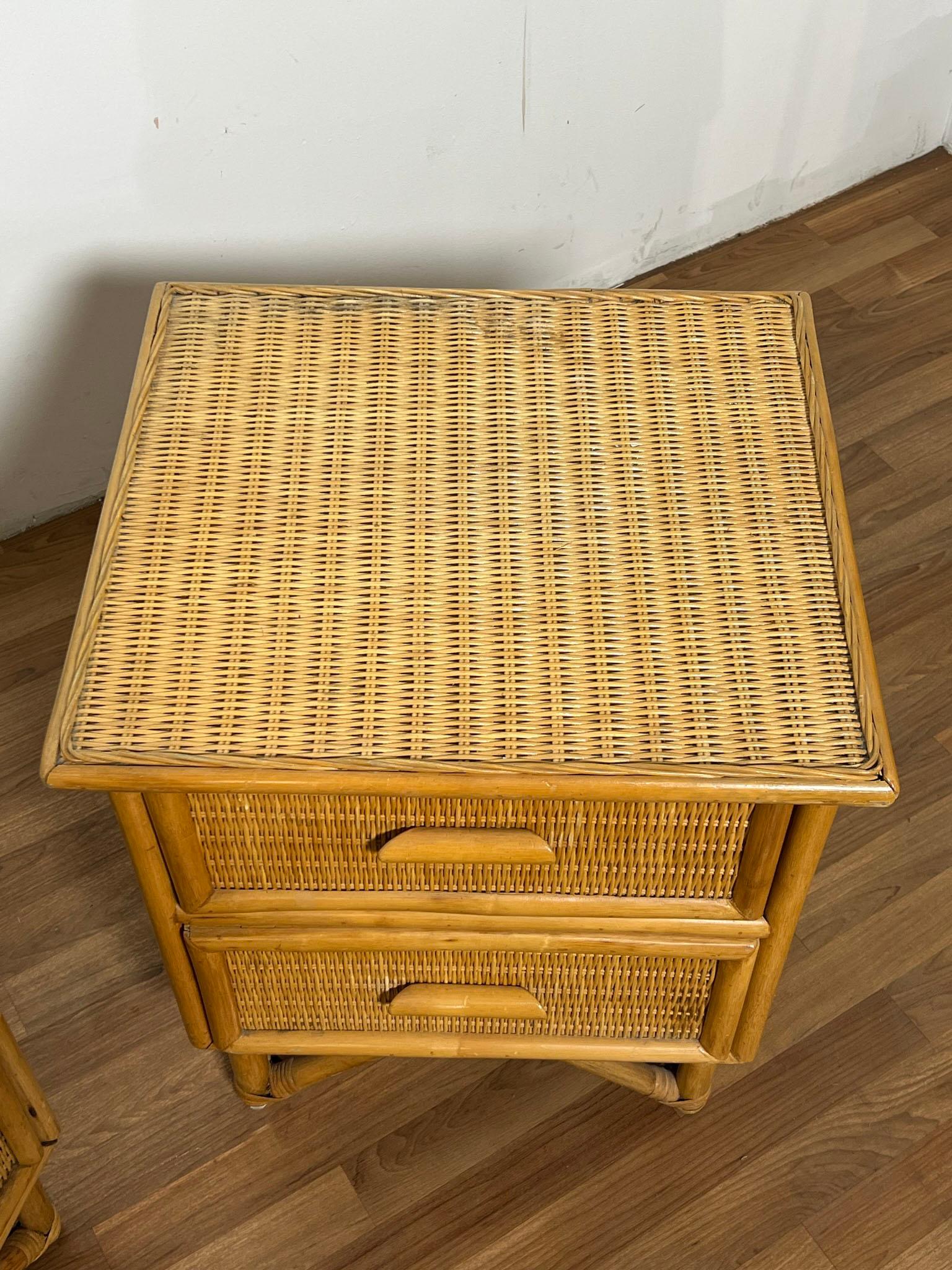 Late 20th Century Pair of Bamboo and Rattan Night Stands Circa 1970s