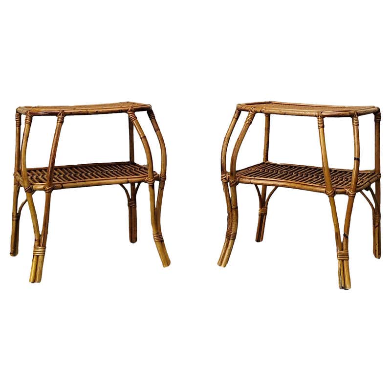 Midcentury Rectangular Side Table with Two Tier Rattan and Bamboo ...