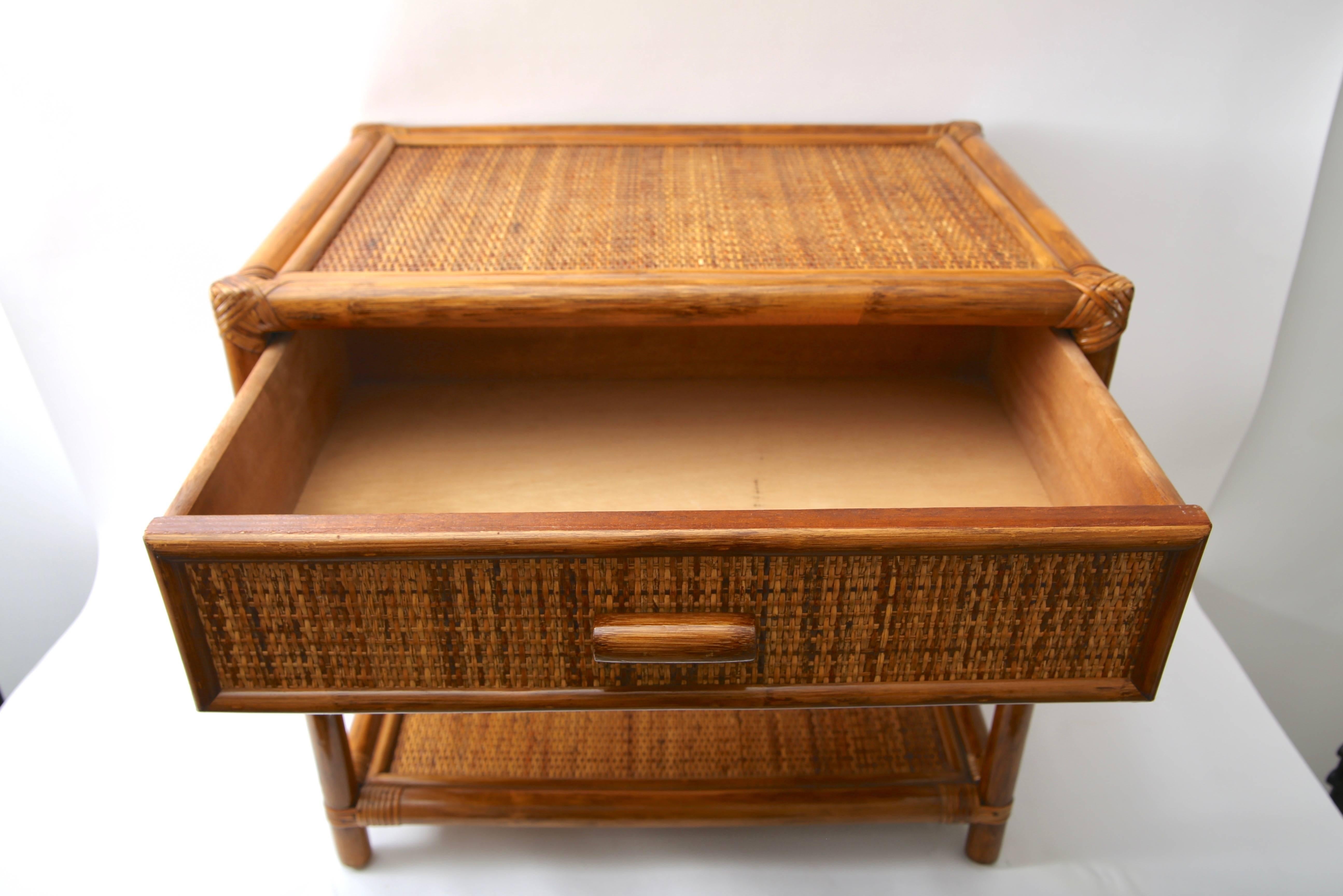 This stylish set of bamboo and rattan side tables could be used in the bedroom or at the end of a sofa.