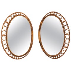 Spanish Rattan Bamboo Oval Mirrors, Pair 