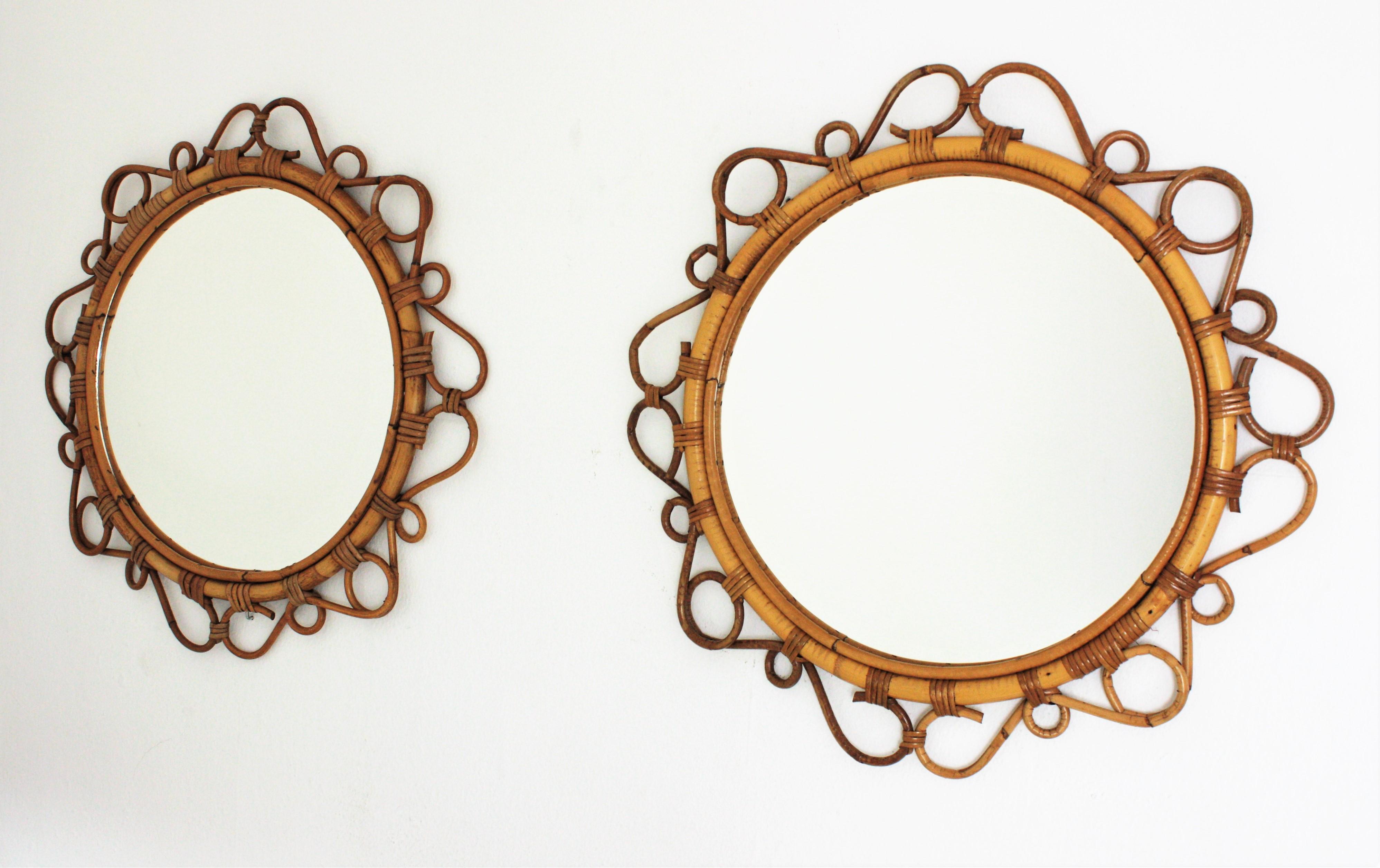 Cane Rattan Round Mirrors with Scroll Details, Pair
