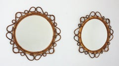 Rattan Round Mirrors with Scroll Details, Pair