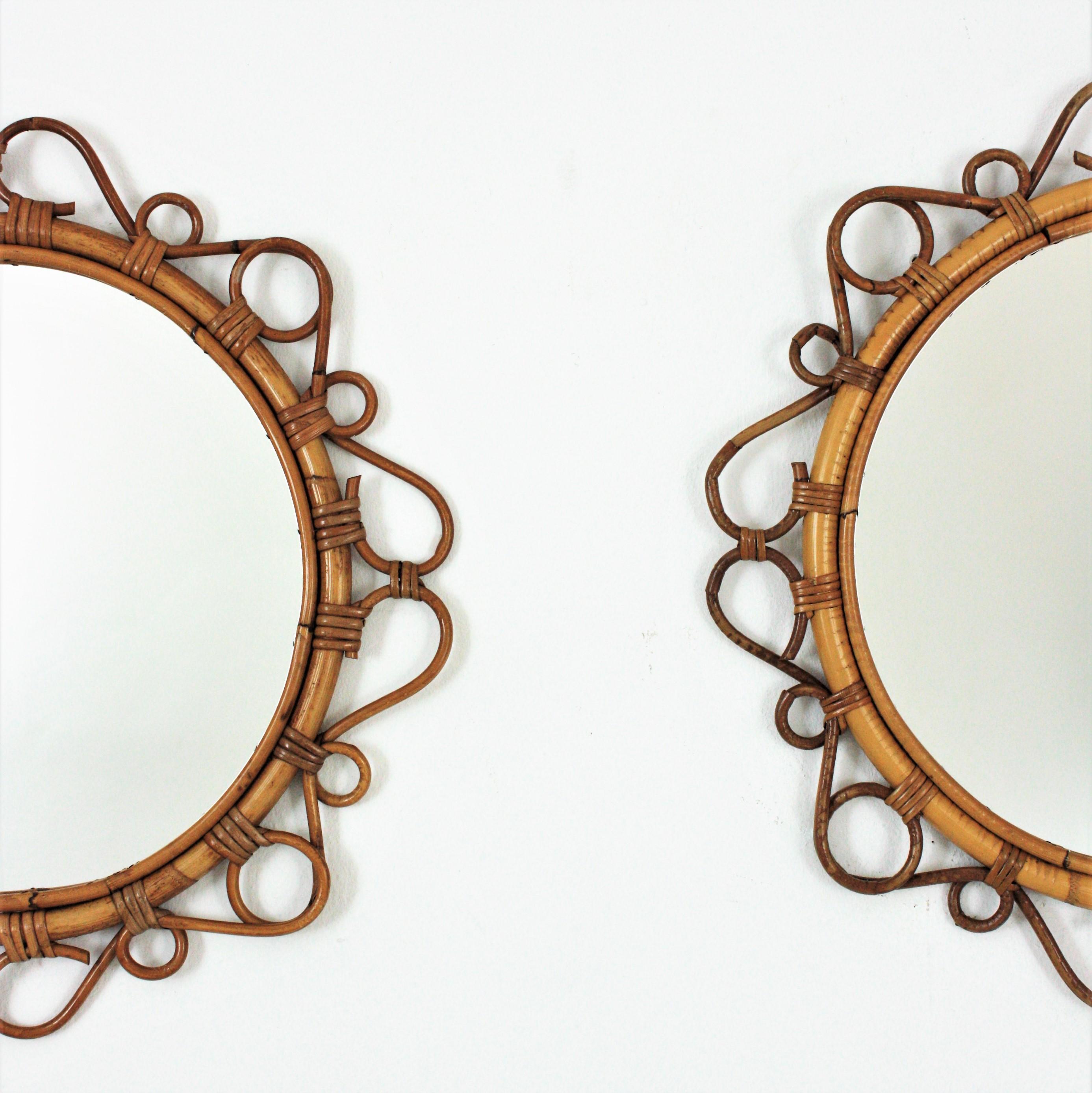 Mid-Century Modern Rattan Round Mirrors with Scroll Details, Pair