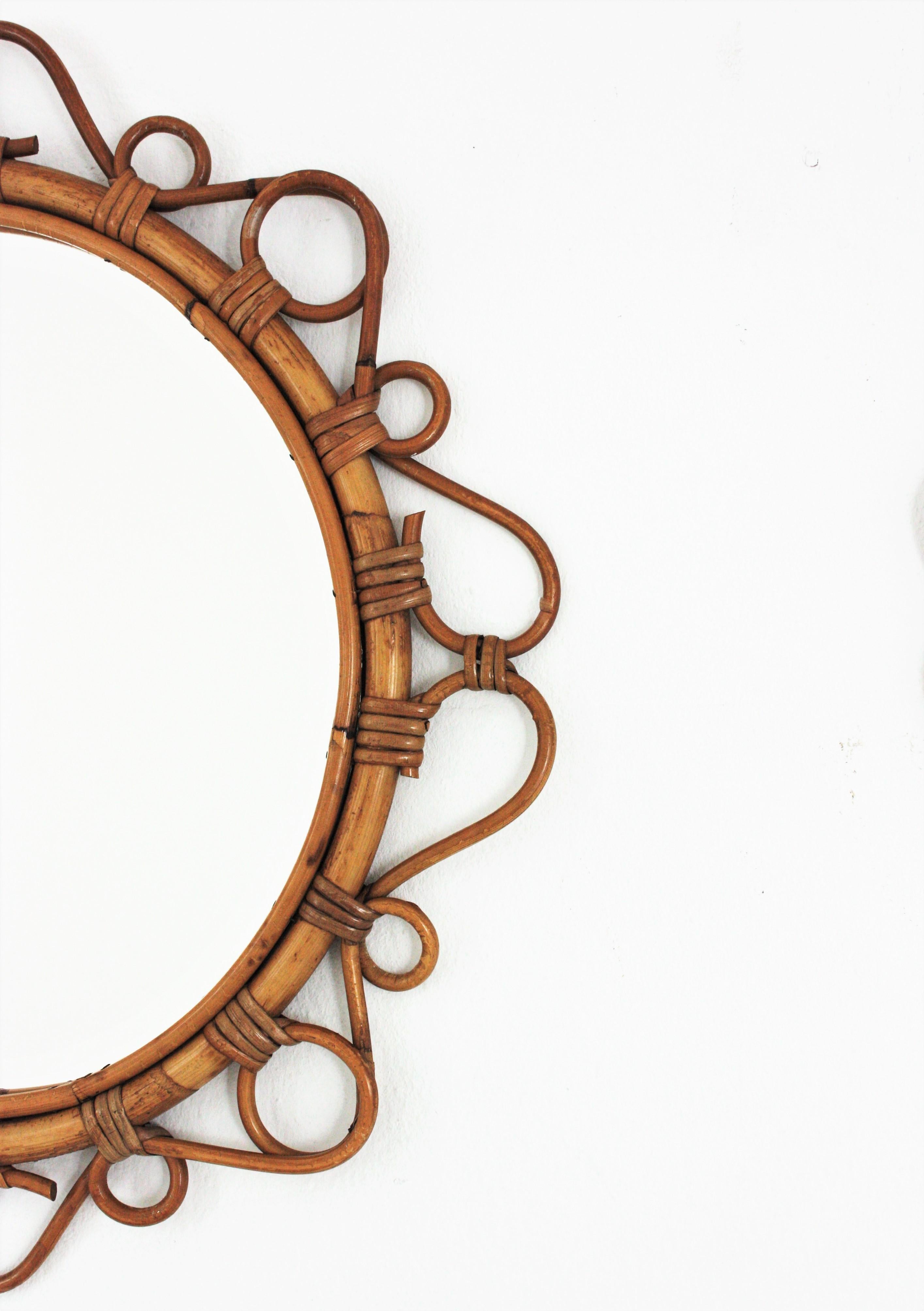 Hand-Crafted Rattan Round Mirrors with Scroll Details, Pair