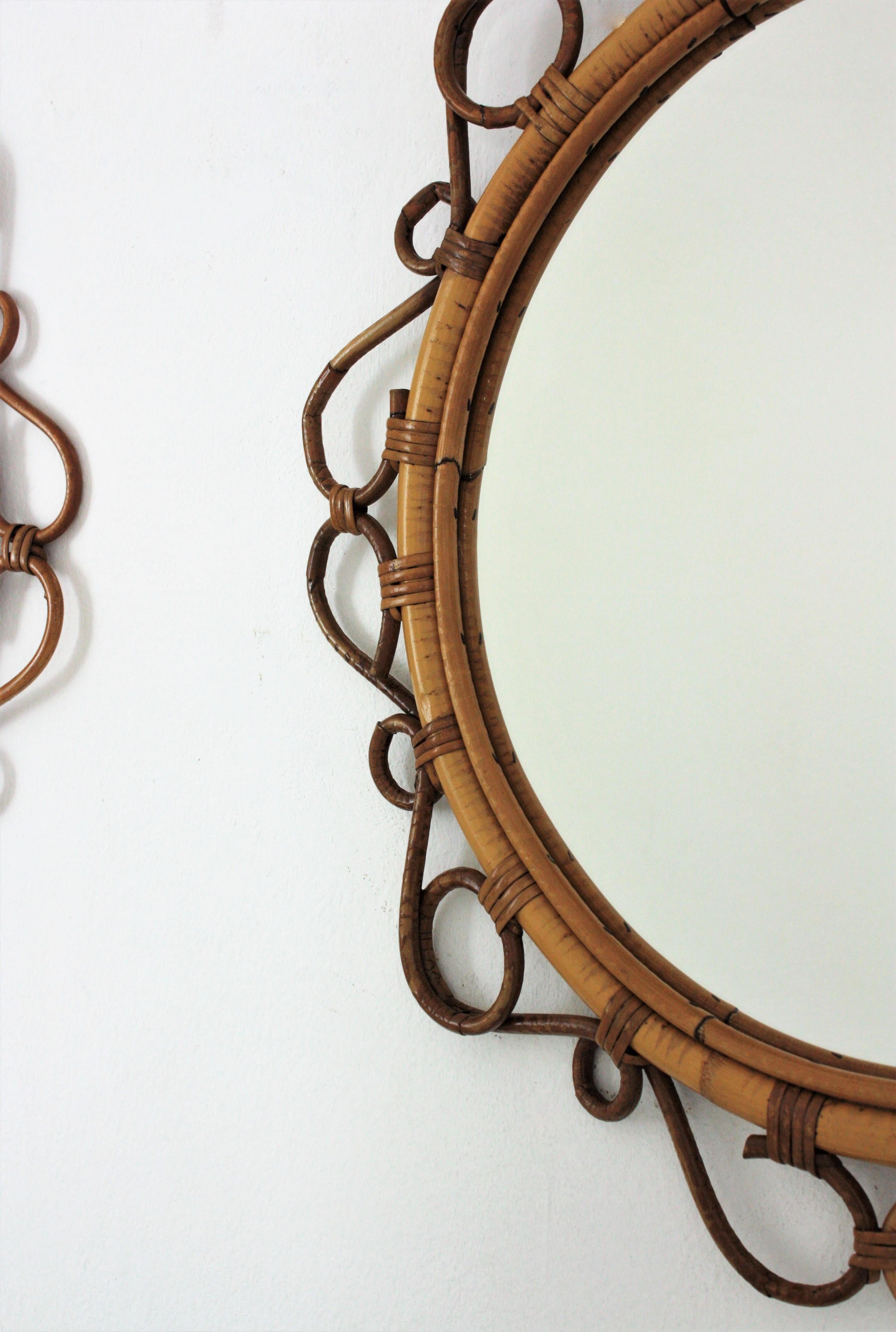 Rattan Round Mirrors with Scroll Details, Pair In Good Condition In Barcelona, ES