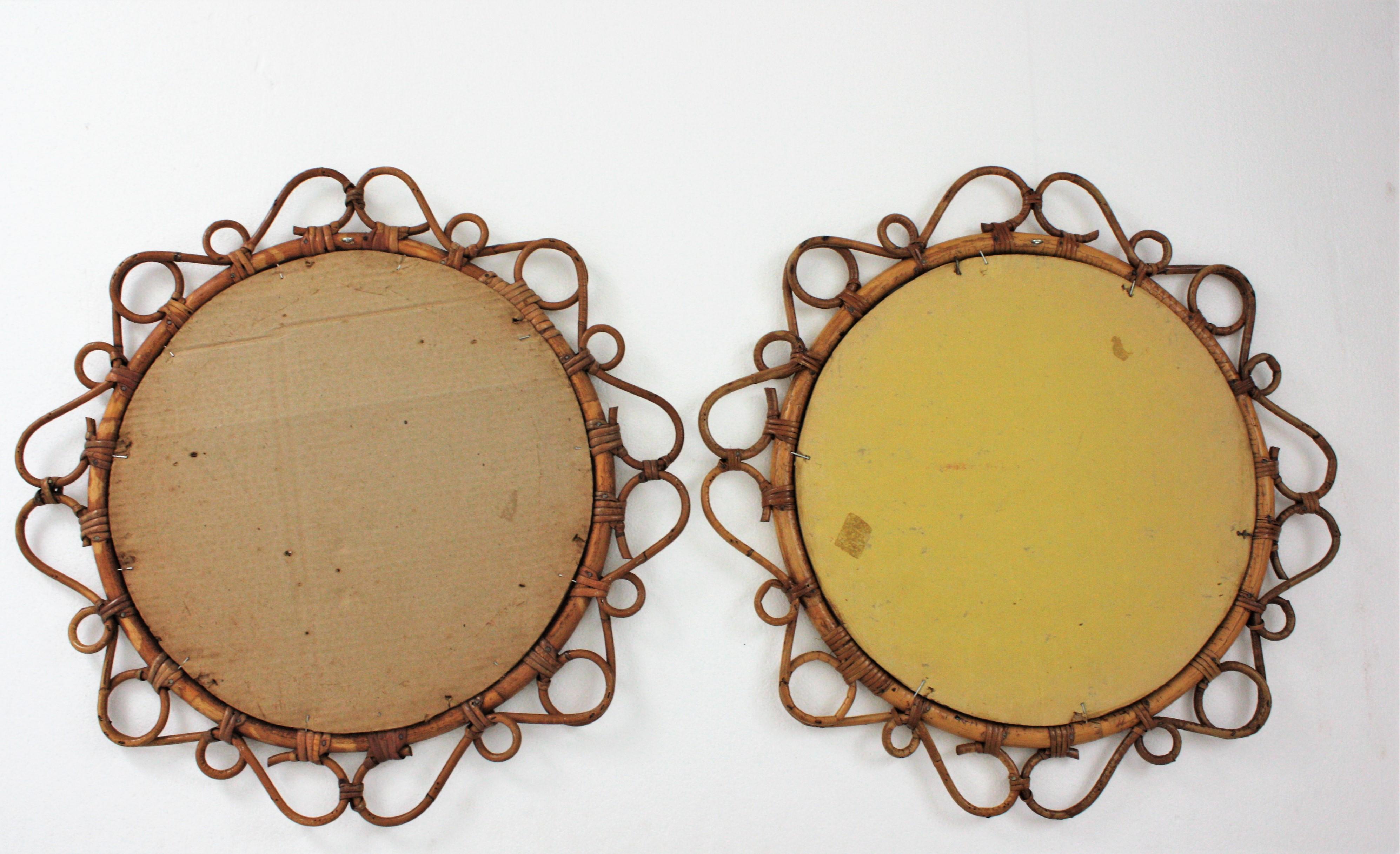 20th Century Rattan Round Mirrors with Scroll Details, Pair