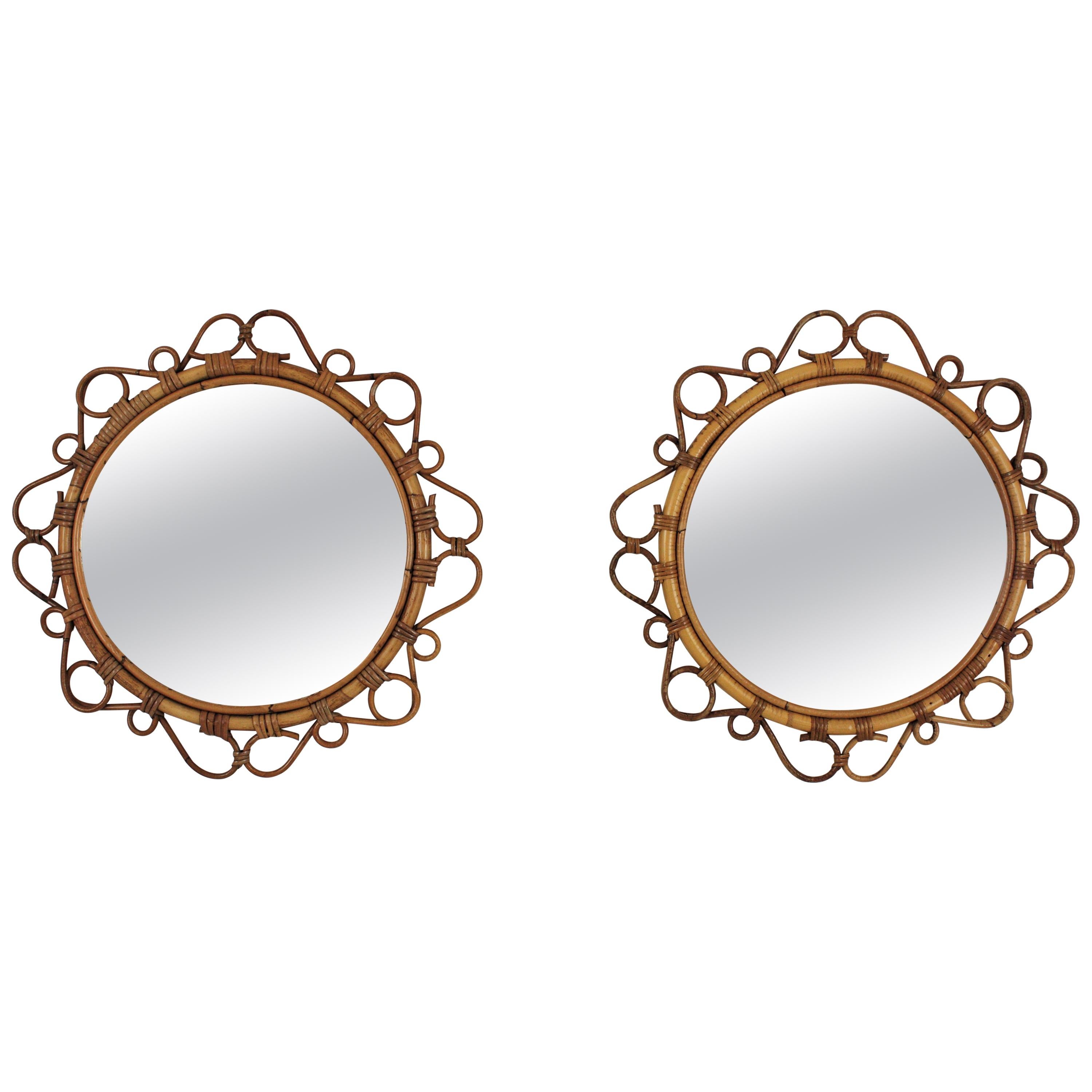 Rattan Round Mirrors with Scroll Details, Pair