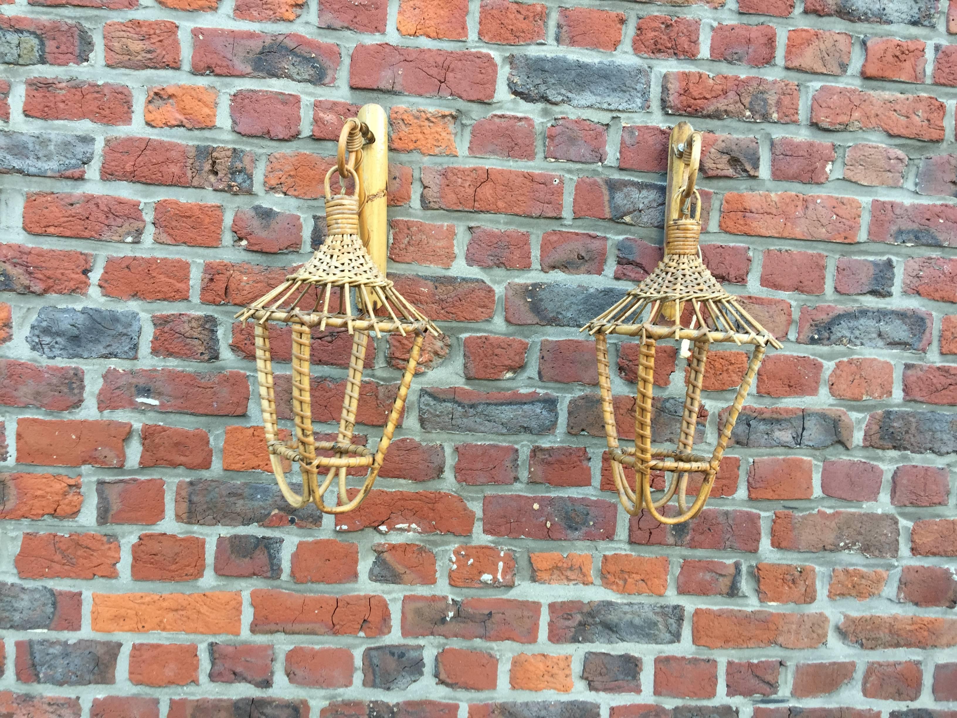 French Pair of Bamboo and Rattan Sconces, circa 1950