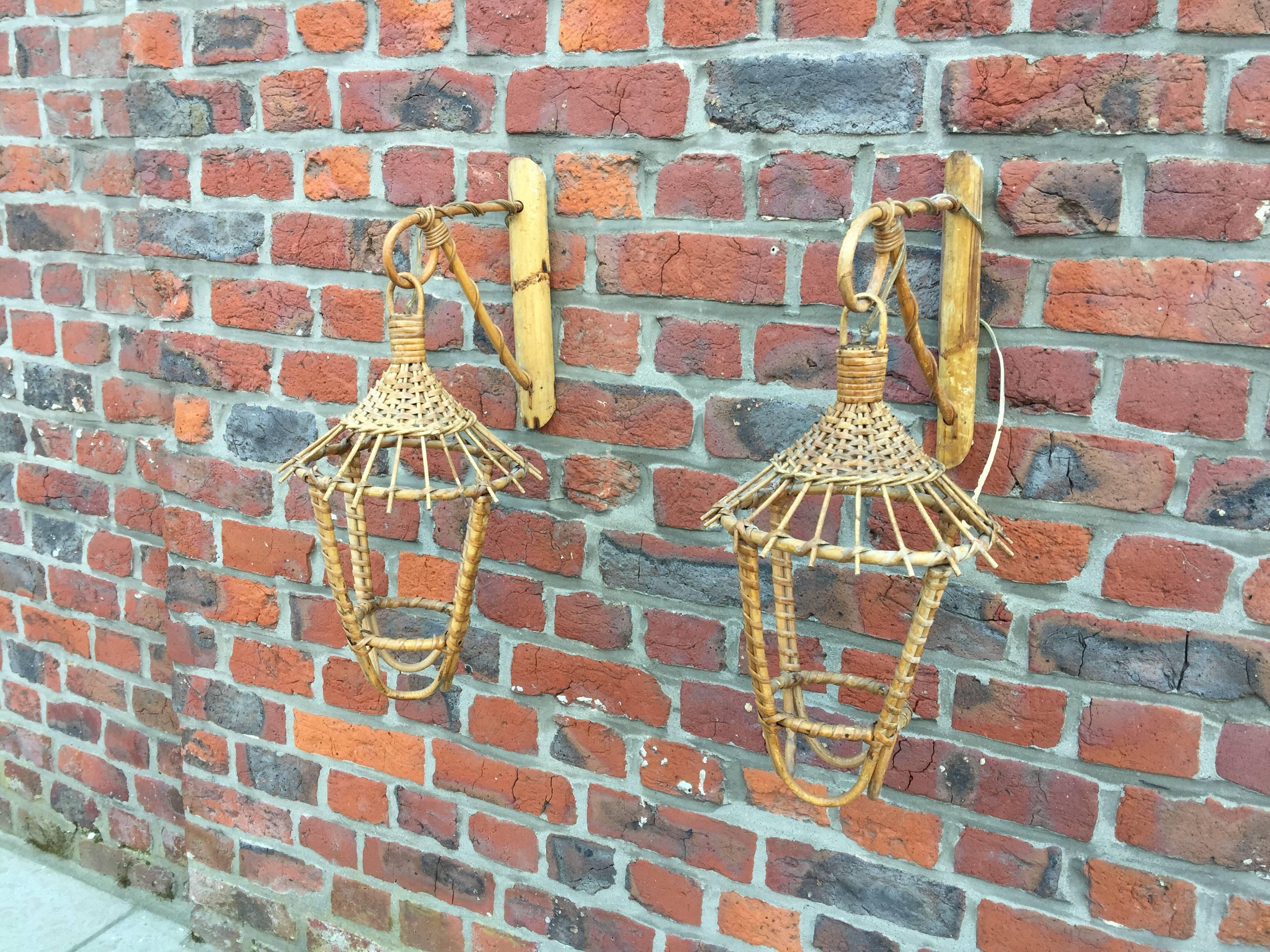 Mid-20th Century Pair of Bamboo and Rattan Sconces, circa 1950