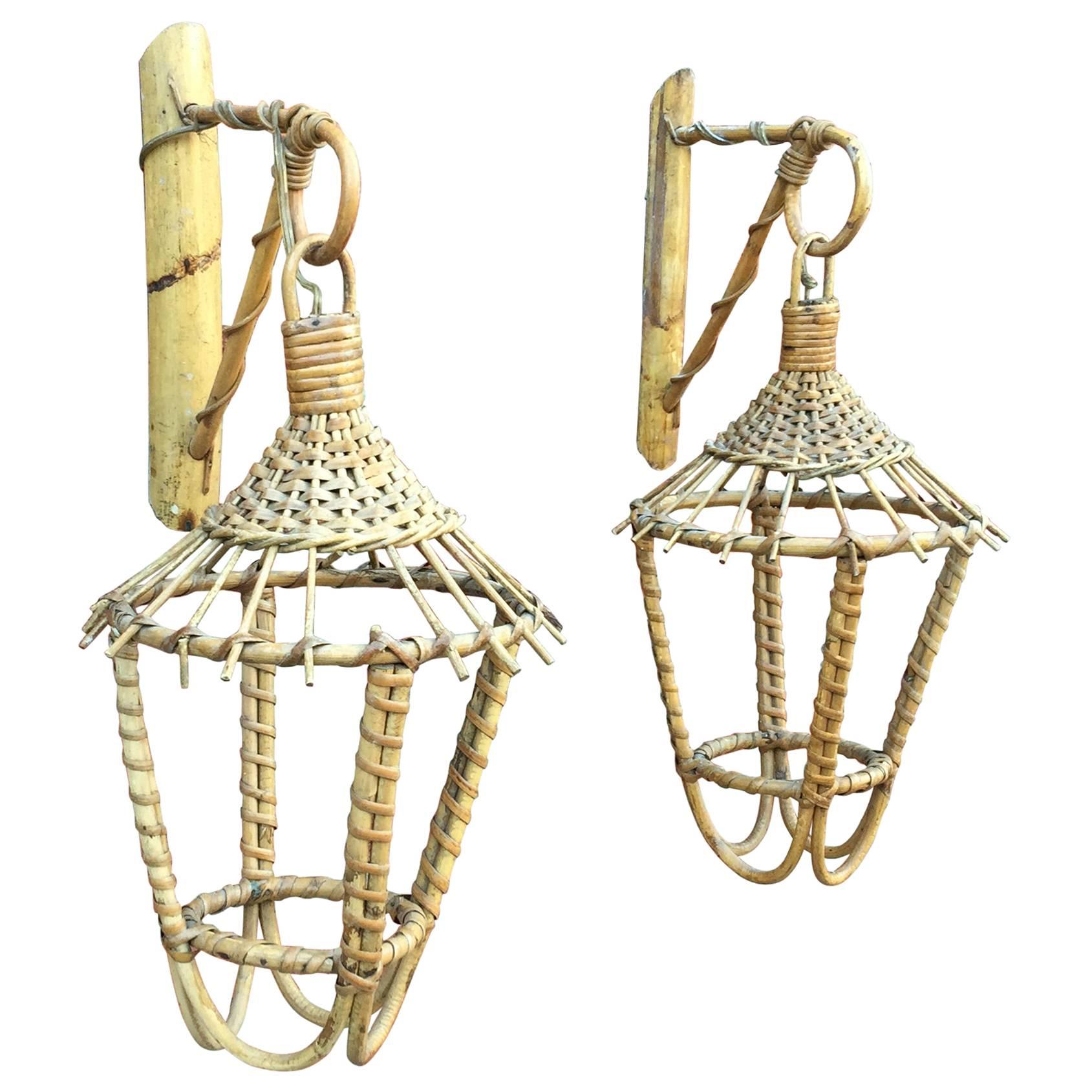 Pair of Bamboo and Rattan Sconces, circa 1950