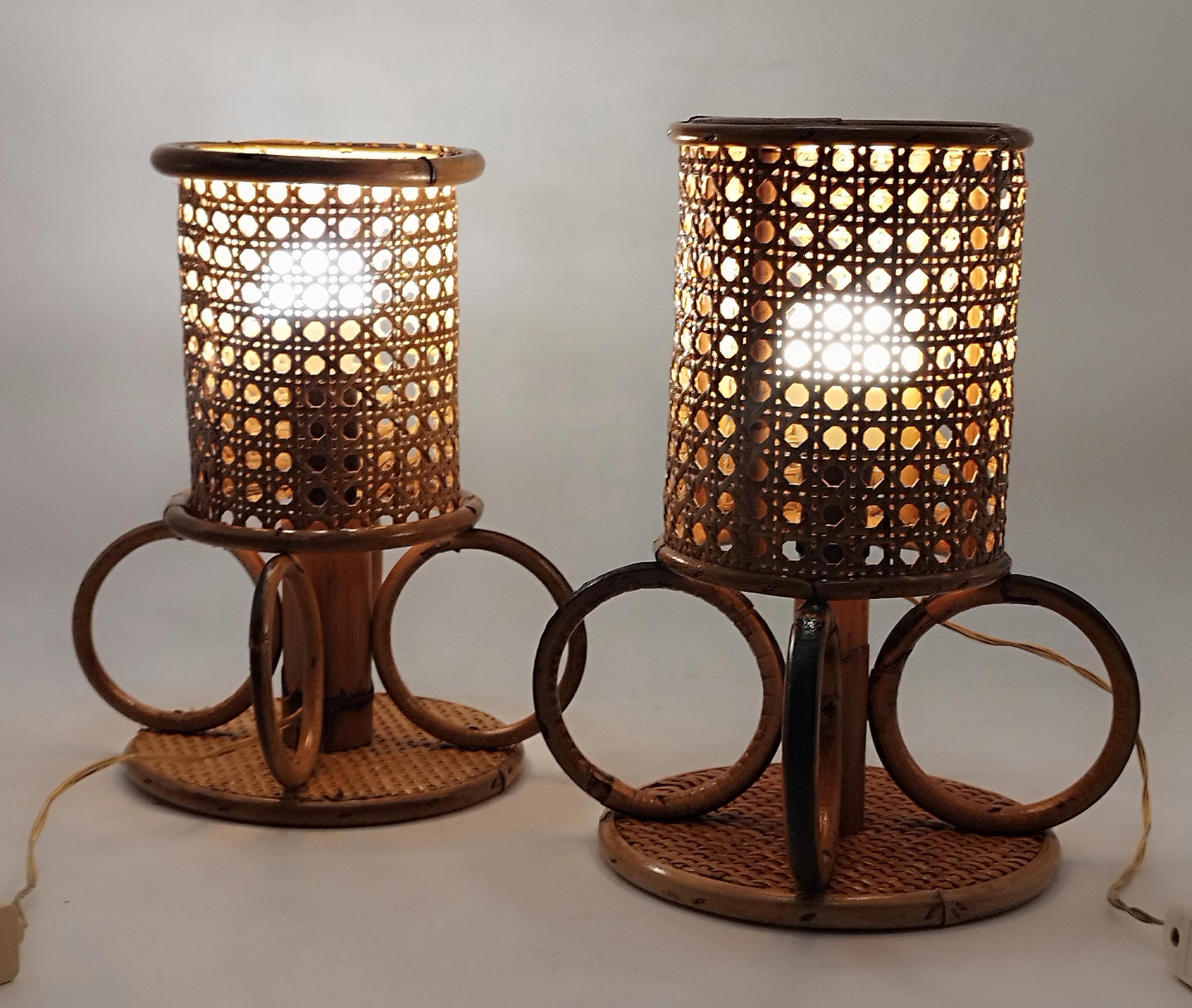 Italian Pair of Bamboo and Rattan Table Lamps, Italy 1960s For Sale