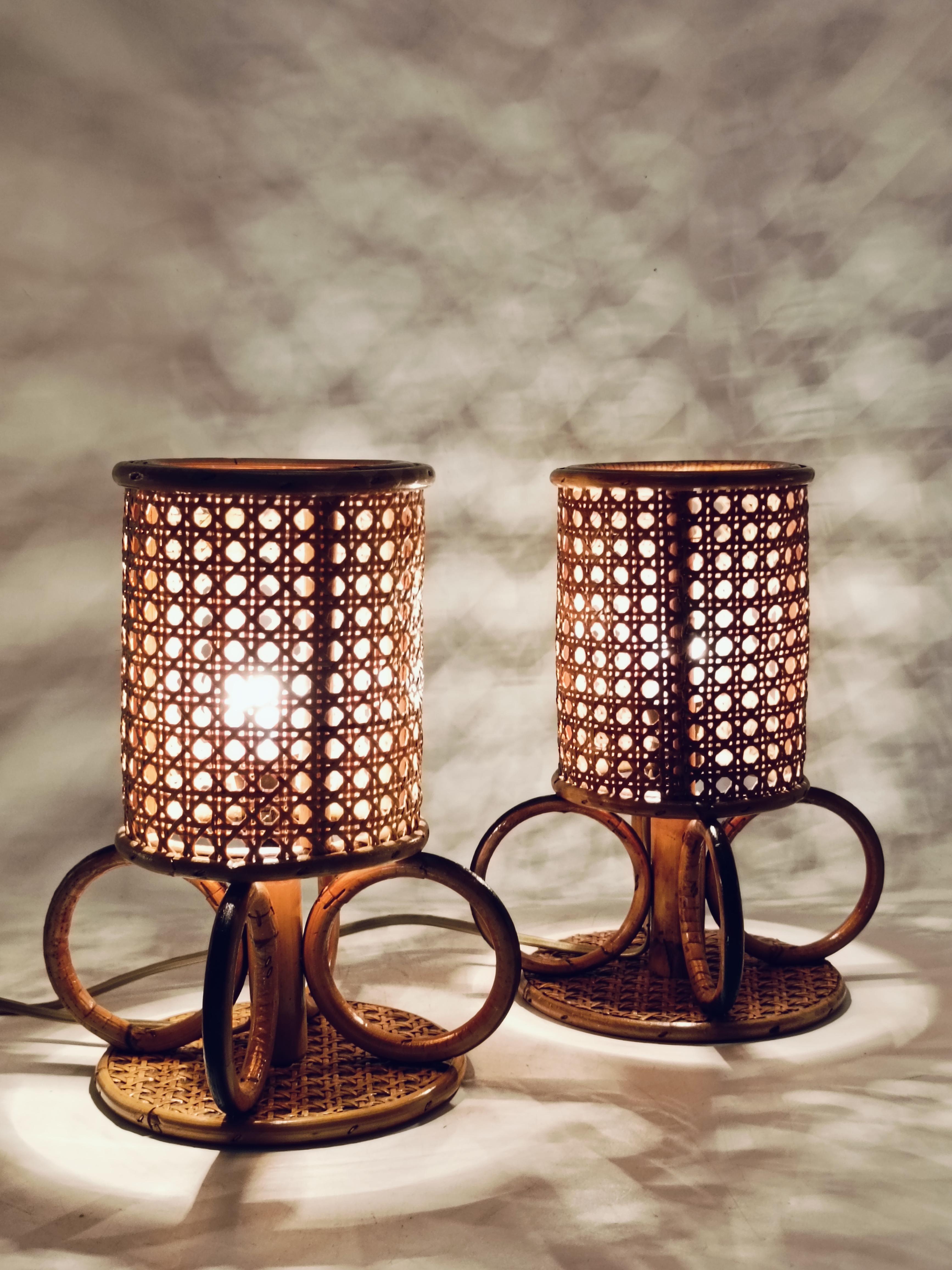 Paar Tischlampen aus Bambus und Rattan, Italien 1960er Jahre (Italienisch) im Angebot