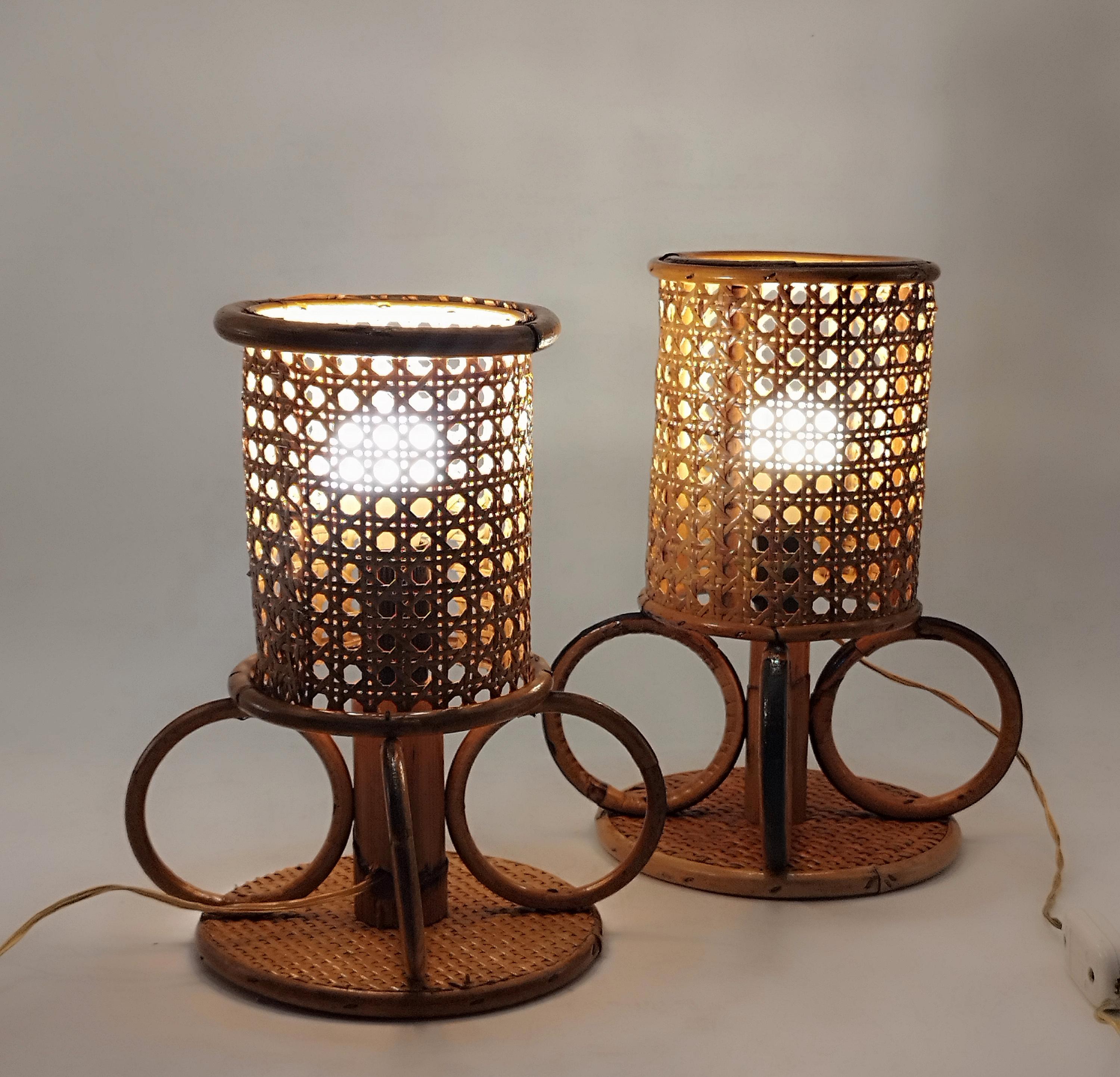 Pair of Bamboo and Rattan Table Lamps, Italy 1960s In Excellent Condition For Sale In Naples, IT