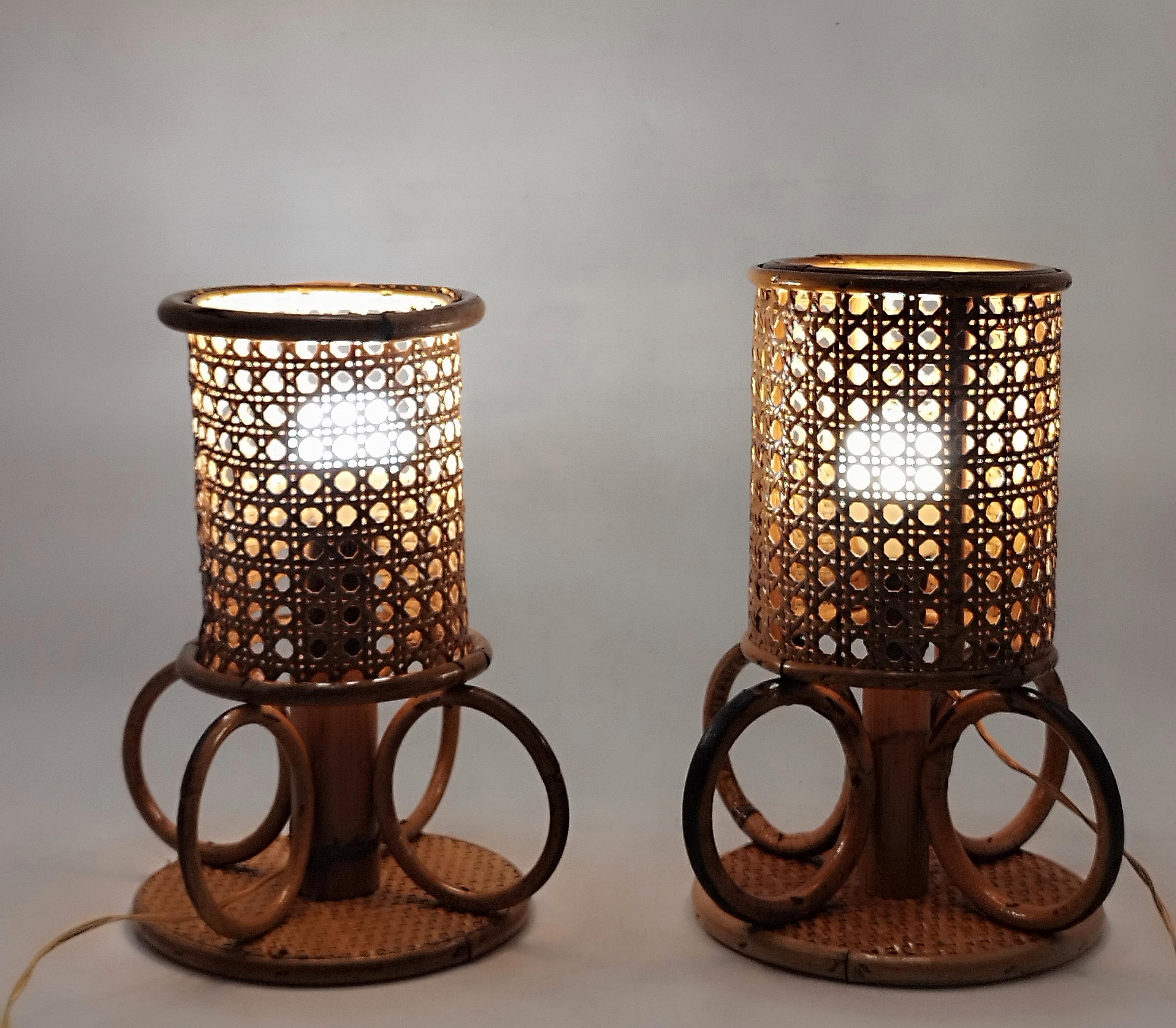 Mid-20th Century Pair of Bamboo and Rattan Table Lamps, Italy 1960s For Sale