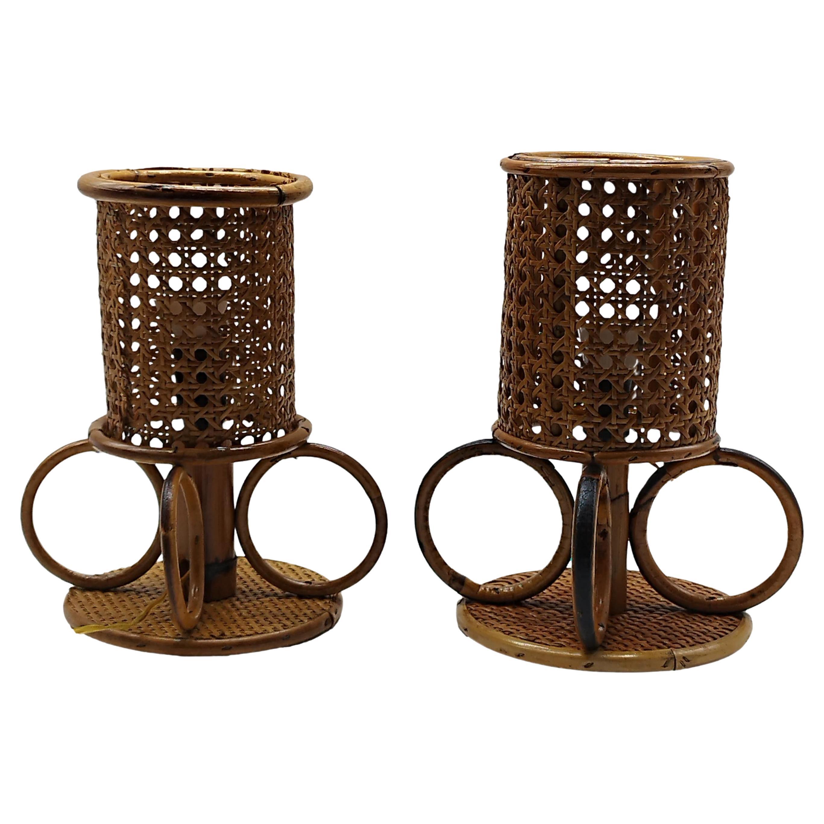 Pair of Bamboo and Rattan Table Lamps, Italy 1960s For Sale