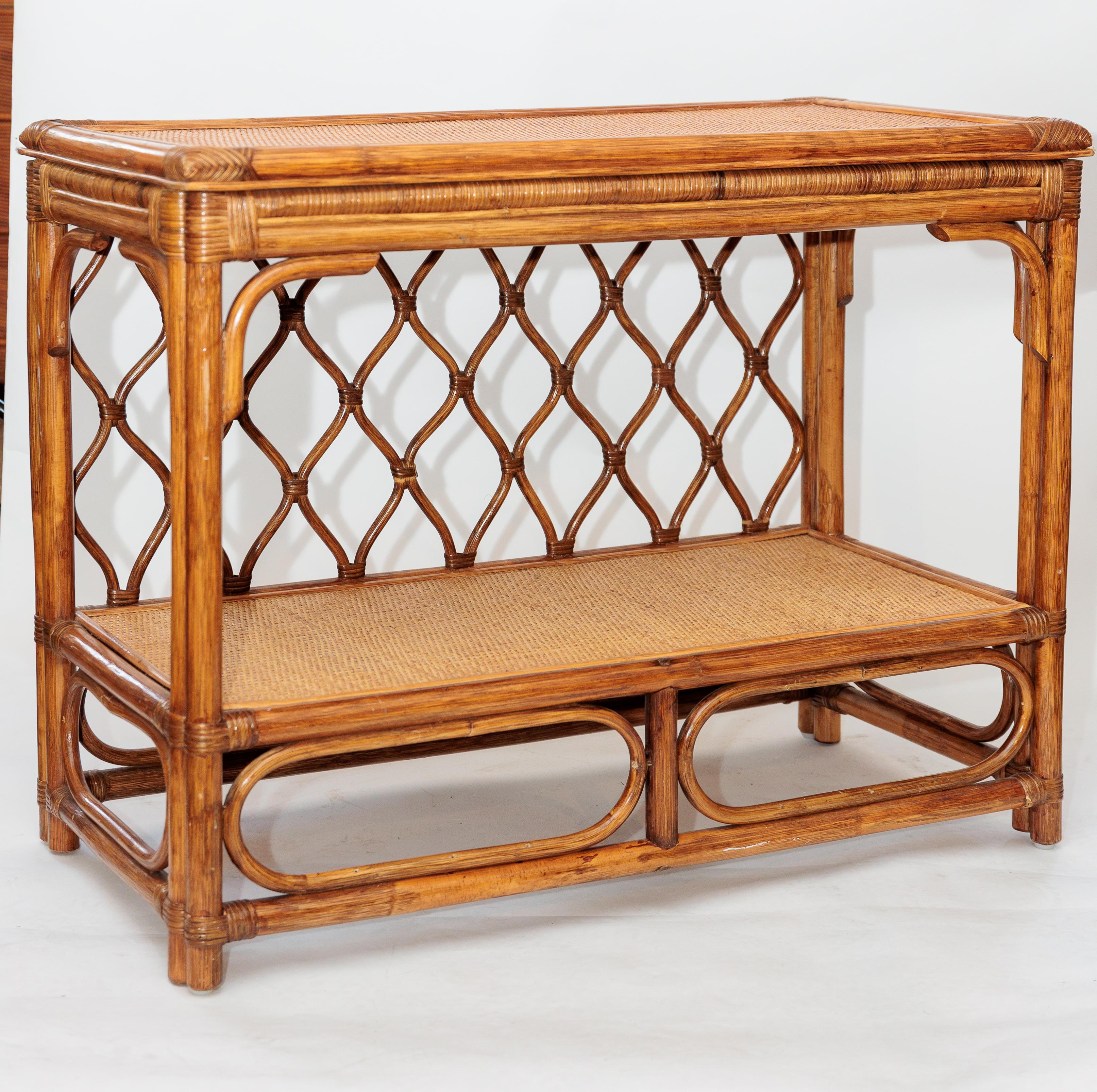 Mid-Century Modern Pair of Bamboo and Rattan Tables with Woven Back Detail and Shelf