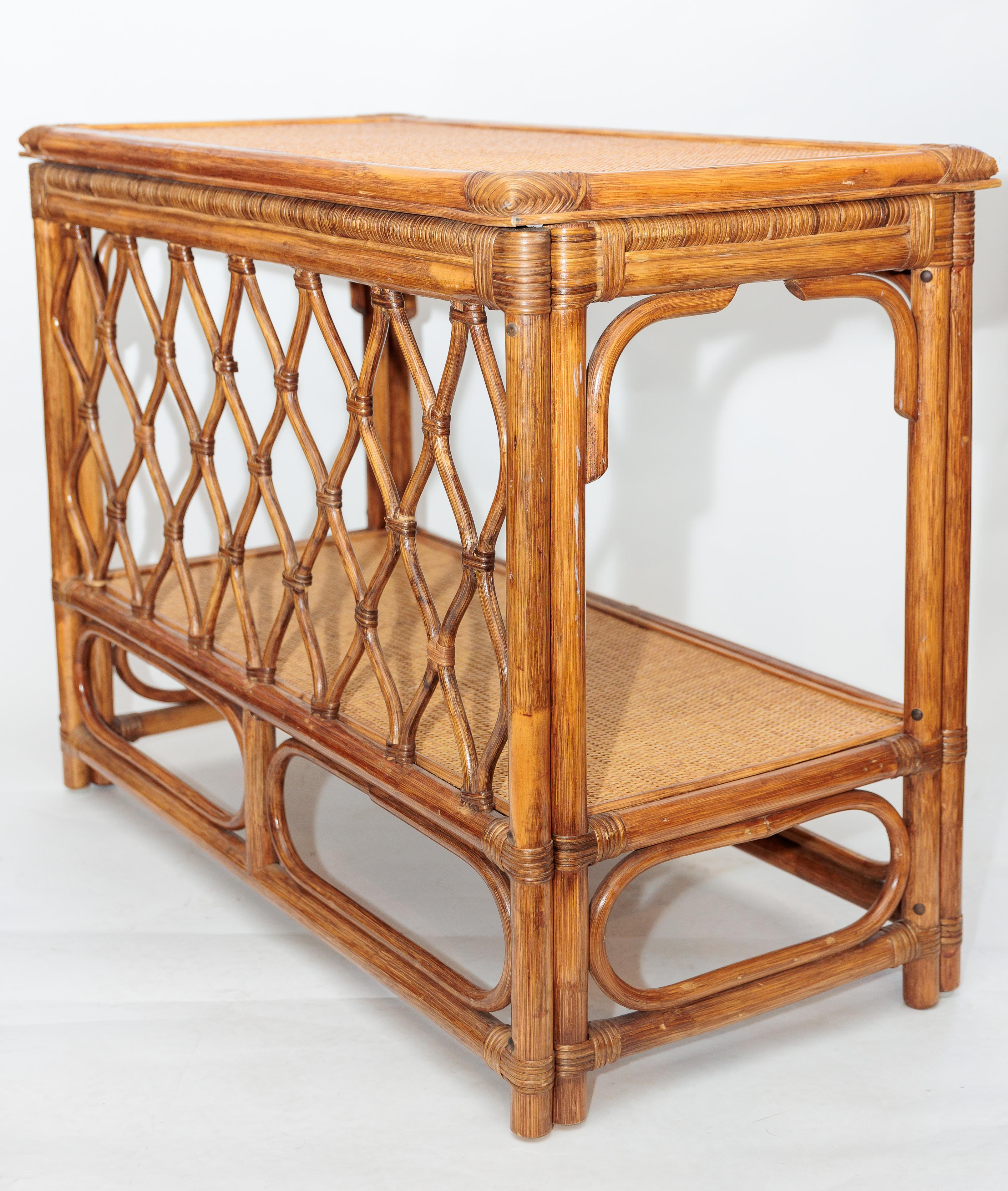Hand-Crafted Pair of Bamboo and Rattan Tables with Woven Back Detail and Shelf